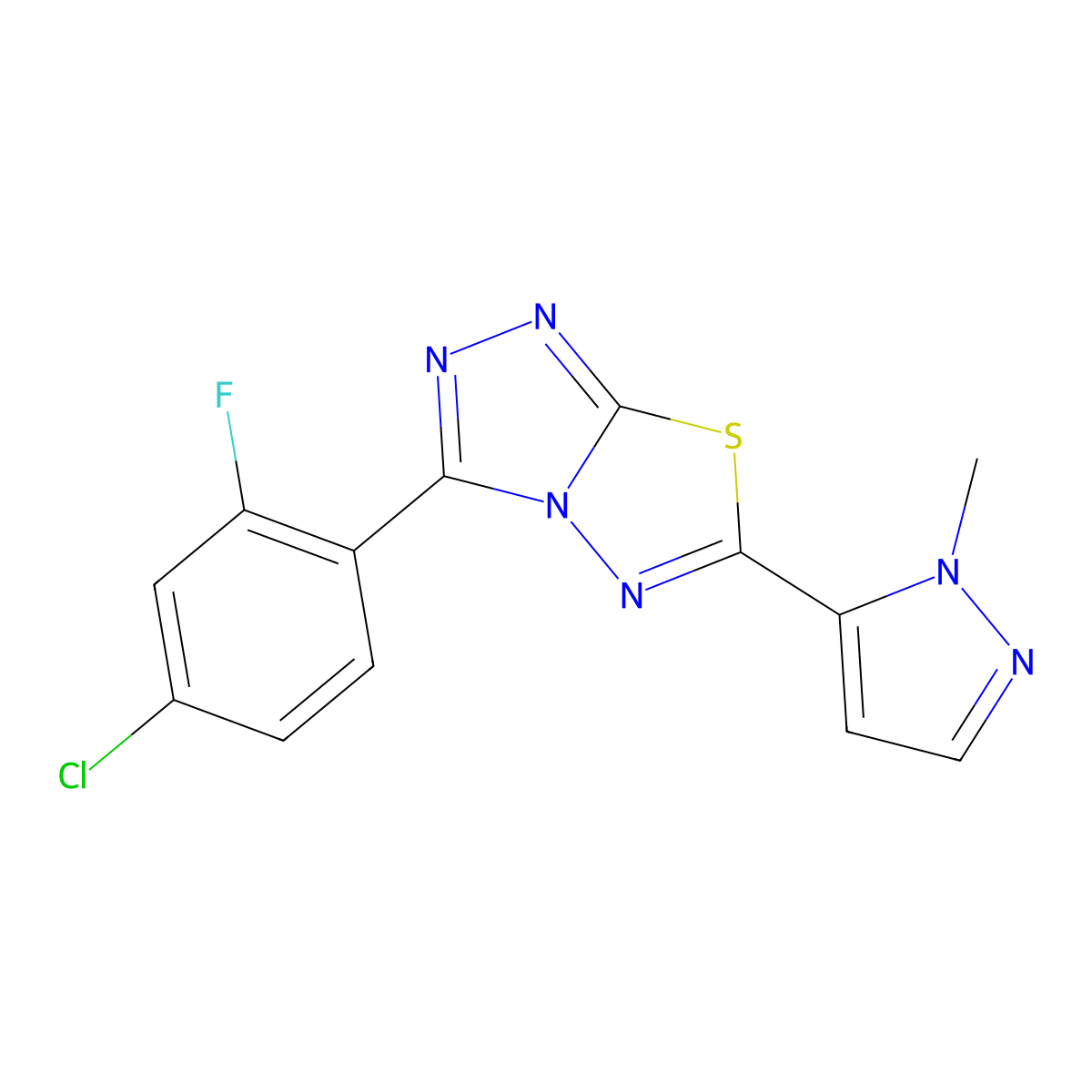 3-(4-Chloro-2-fluorophenyl)-6-(1-methyl-1H-pyrazol-5-yl)-1,2,4-triazolo[3,4-b][1,3,4]thiadiazole molecular structure, CAS 1232803-46-1