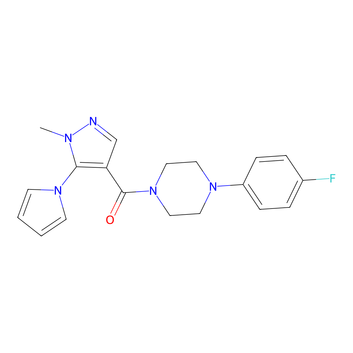 [4-(4-fluorophenyl)piperazin-1-yl][1-methyl-5-(1H-pyrrol-1-yl)-1H-pyrazol-4-yl]methanone molecular structure, CAS 1232804-05-5