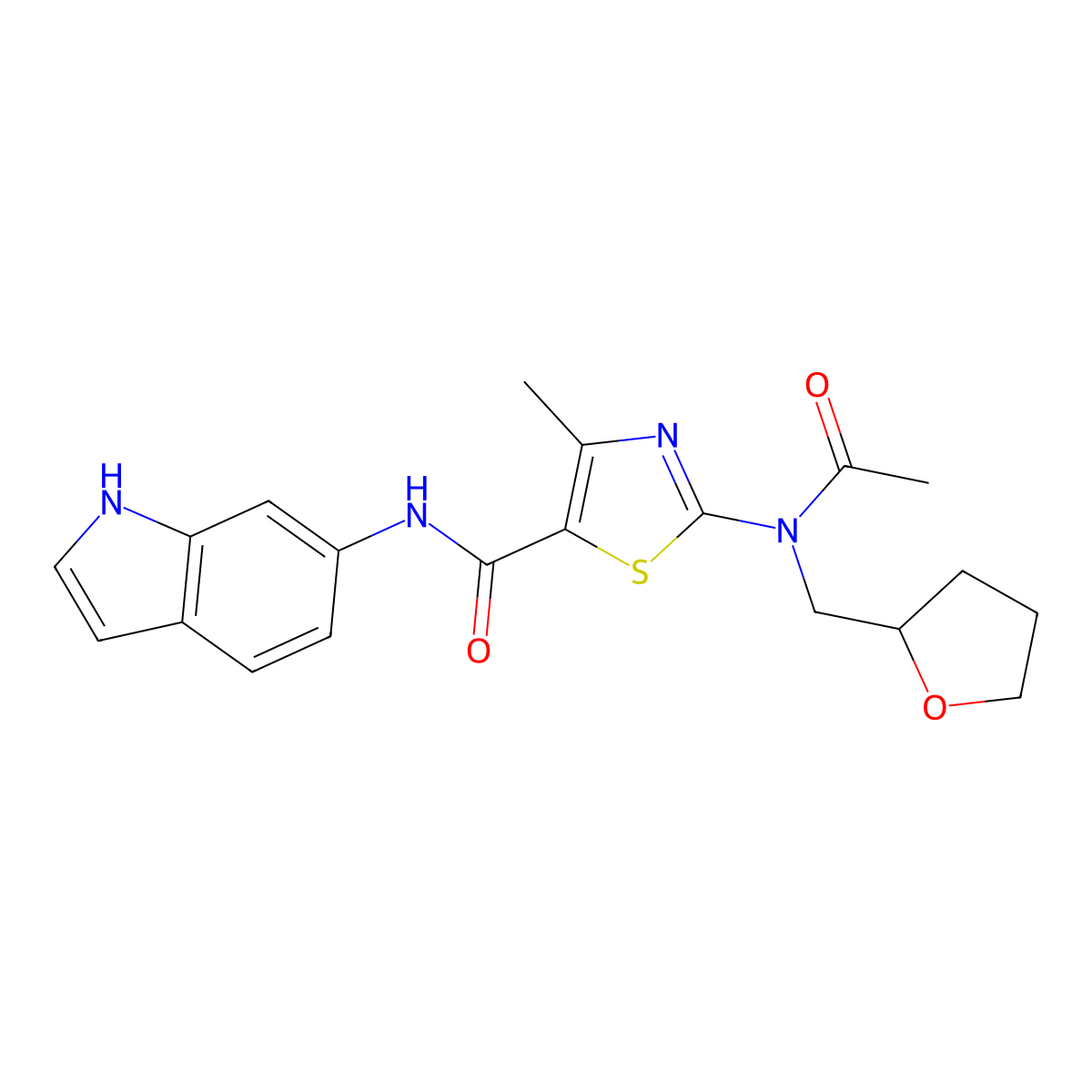2-[acetyl(tetrahydro-2-furanylmethyl)amino]-N-(1H-indol-6-yl)-4-methyl-1,3-thiazole-5-carboxamide molecular structure, CAS 1232805-53-6