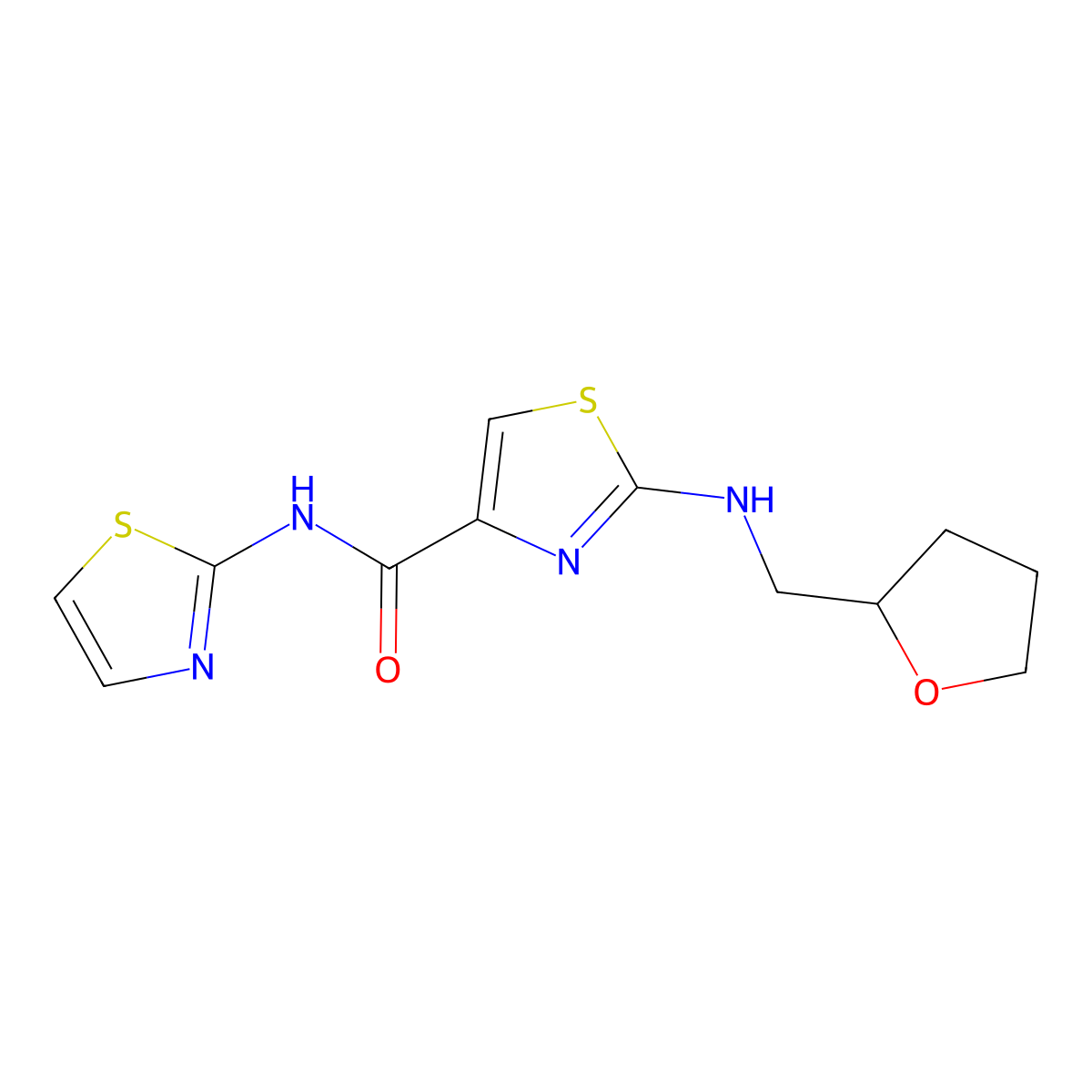 2-[(tetrahydrofuran-2-ylmethyl)amino]-N-(1,3-thiazol-2-yl)-1,3-thiazole-4-carboxamide molecular structure, CAS 1232805-63-8