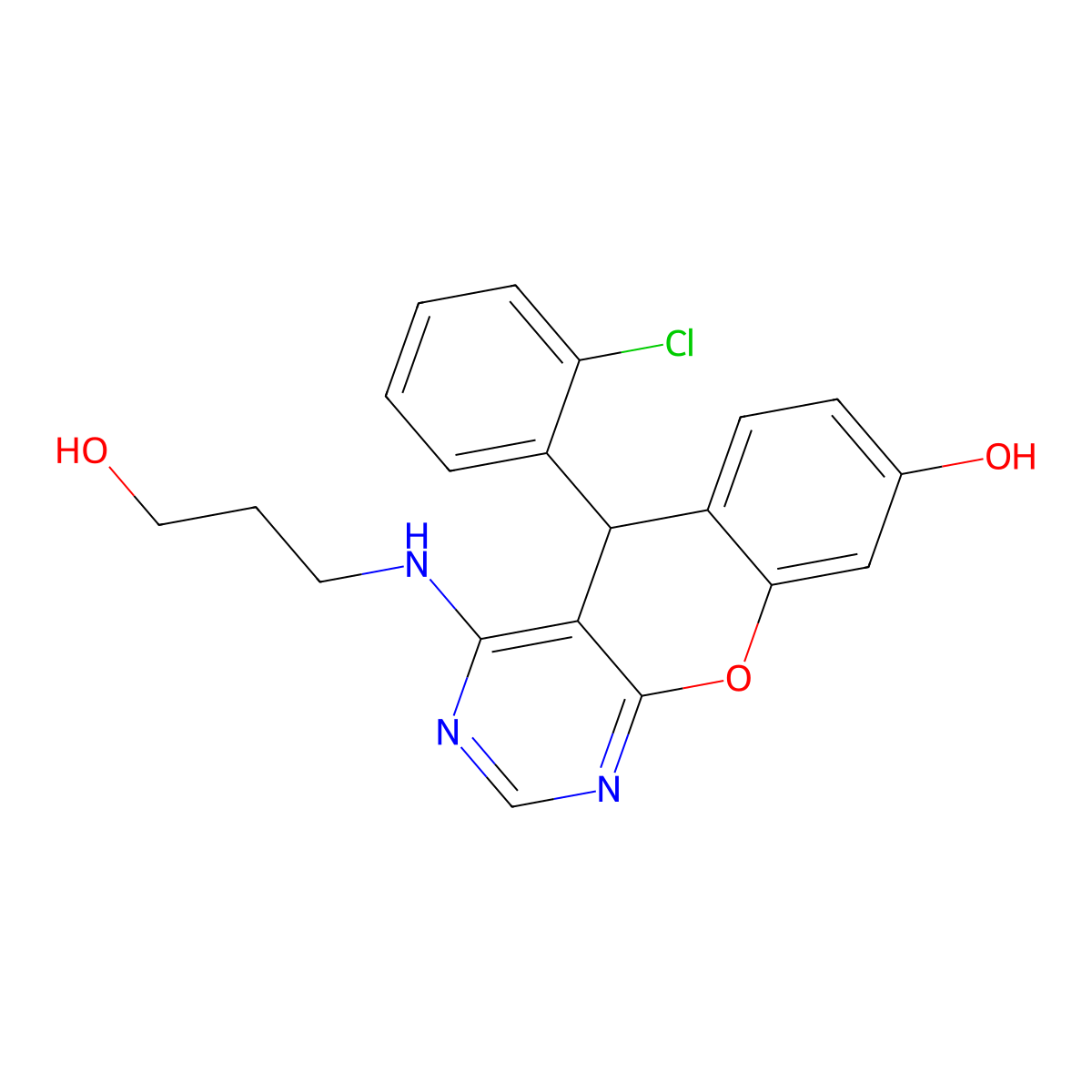 5-(2-chlorophenyl)-4-[(3-hydroxypropyl)amino]-5H-chromeno[2,3-d]pyrimidin-8-ol molecular structure, CAS 1232809-49-2