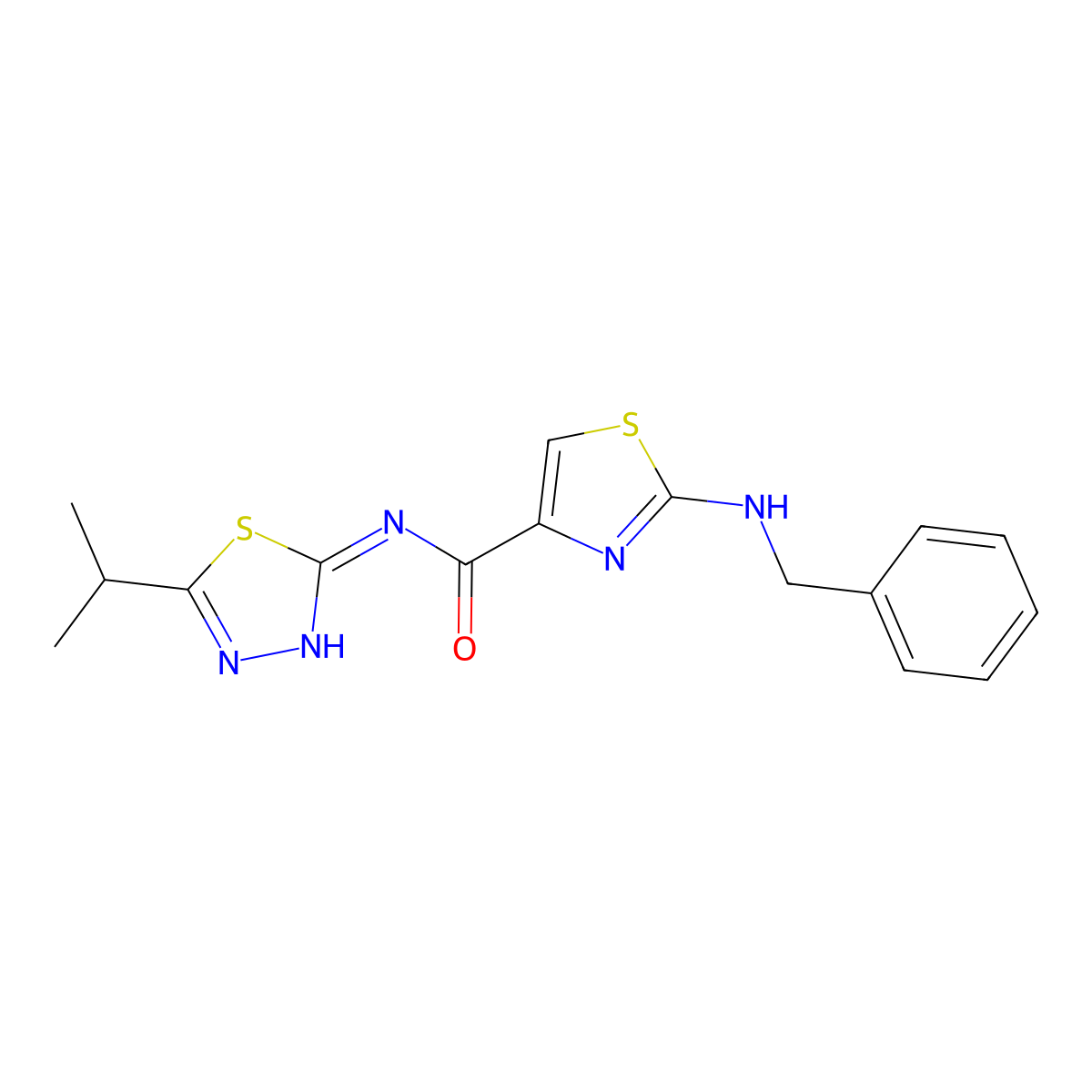 2-(benzylamino)-N-[(2E)-5-(propan-2-yl)-1,3,4-thiadiazol-2(3H)-ylidene]-1,3-thiazole-4-carboxamide molecular structure, CAS 1232816-36-2