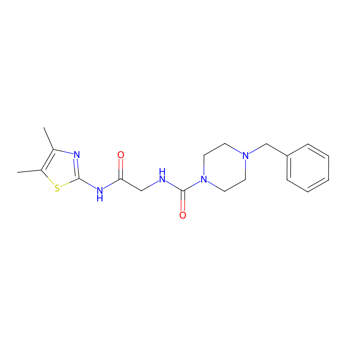 4-benzyl-N-(2-{[(2E)-4,5-dimethyl-1,3-thiazol-2(3H)-ylidene]amino}-2-oxoethyl)piperazine-1-carboxamide molecular structure, CAS 1232817-24-1