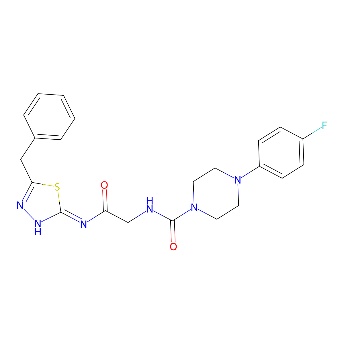 N-(2-{[(2Z)-5-benzyl-1,3,4-thiadiazol-2(3H)-ylidene]amino}-2-oxoethyl)-4-(4-fluorophenyl)piperazine-1-carboxamide molecular structure, CAS 1232817-28-5