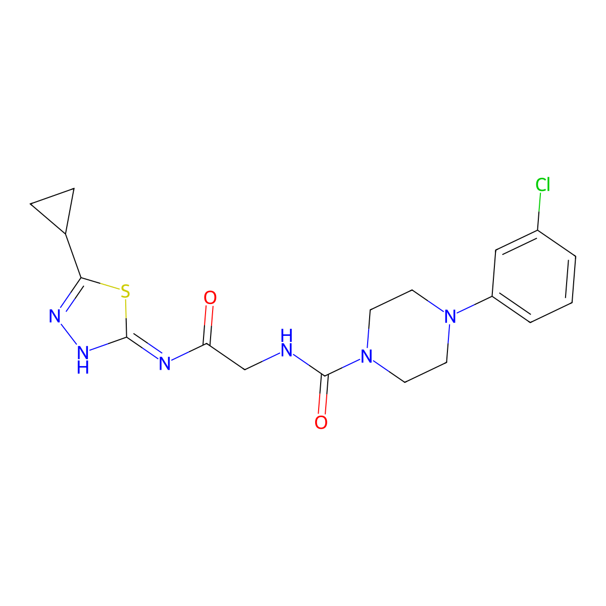 4-(3-chlorophenyl)-N-(2-{[(2Z)-5-cyclopropyl-1,3,4-thiadiazol-2(3H)-ylidene]amino}-2-oxoethyl)piperazine-1-carboxamide molecular structure, CAS 1232817-60-5