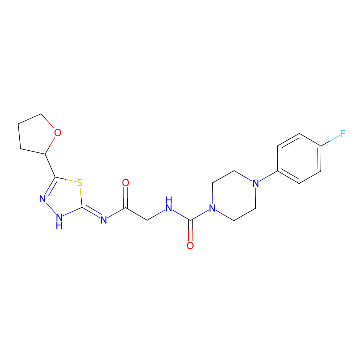 4-(4-fluorophenyl)-N-(2-oxo-2-{[(2Z)-5-(tetrahydrofuran-2-yl)-1,3,4-thiadiazol-2(3H)-ylidene]amino}ethyl)piperazine-1-carboxamide molecular structure, CAS 1232817-71-8