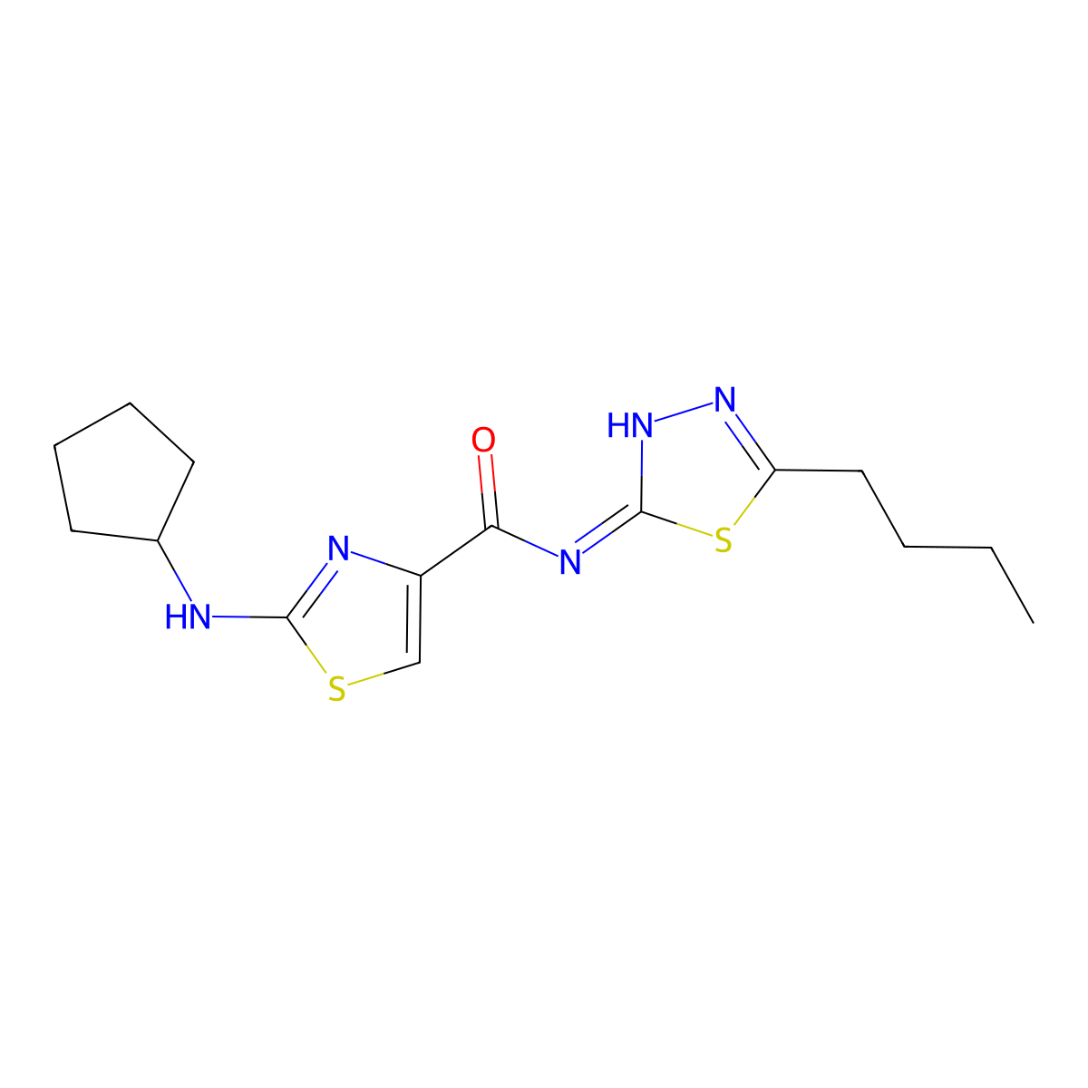 N-[(2E)-5-butyl-1,3,4-thiadiazol-2(3H)-ylidene]-2-(cyclopentylamino)-1,3-thiazole-4-carboxamide molecular structure, CAS 1232818-11-9