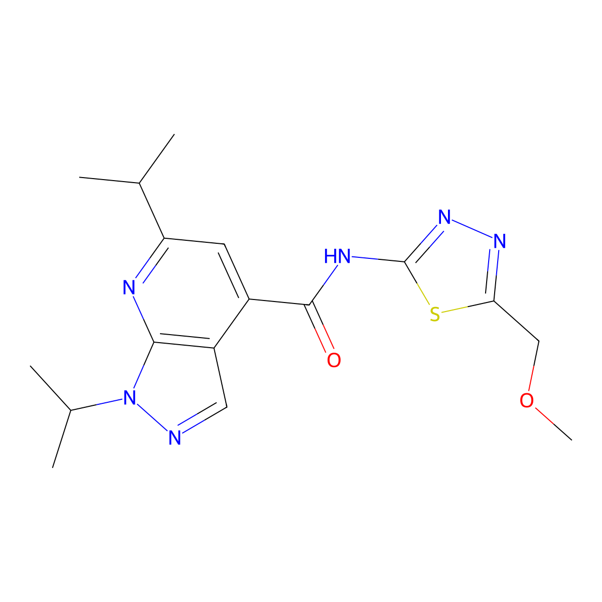 N-[(2E)-5-(methoxymethyl)-1,3,4-thiadiazol-2(3H)-ylidene]-1,6-di(propan-2-yl)-1H-pyrazolo[3,4-b]pyridine-4-carboxamide molecular structure, CAS 1232818-24-4