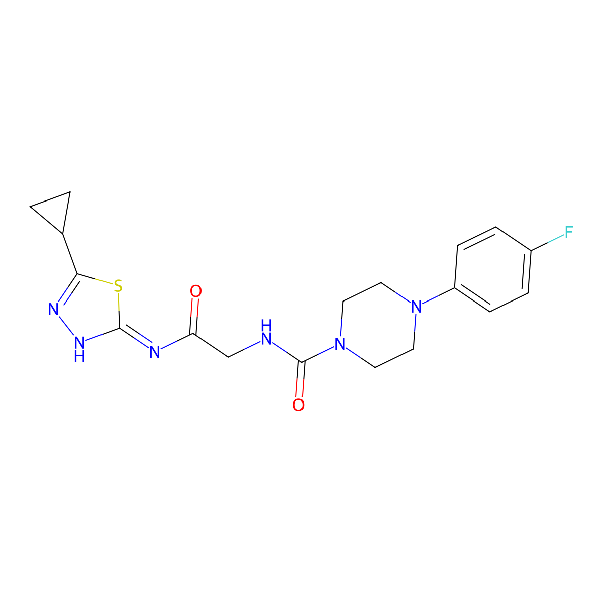 N-(2-{[(2Z)-5-cyclopropyl-1,3,4-thiadiazol-2(3H)-ylidene]amino}-2-oxoethyl)-4-(4-fluorophenyl)piperazine-1-carboxamide molecular structure, CAS 1232818-26-6