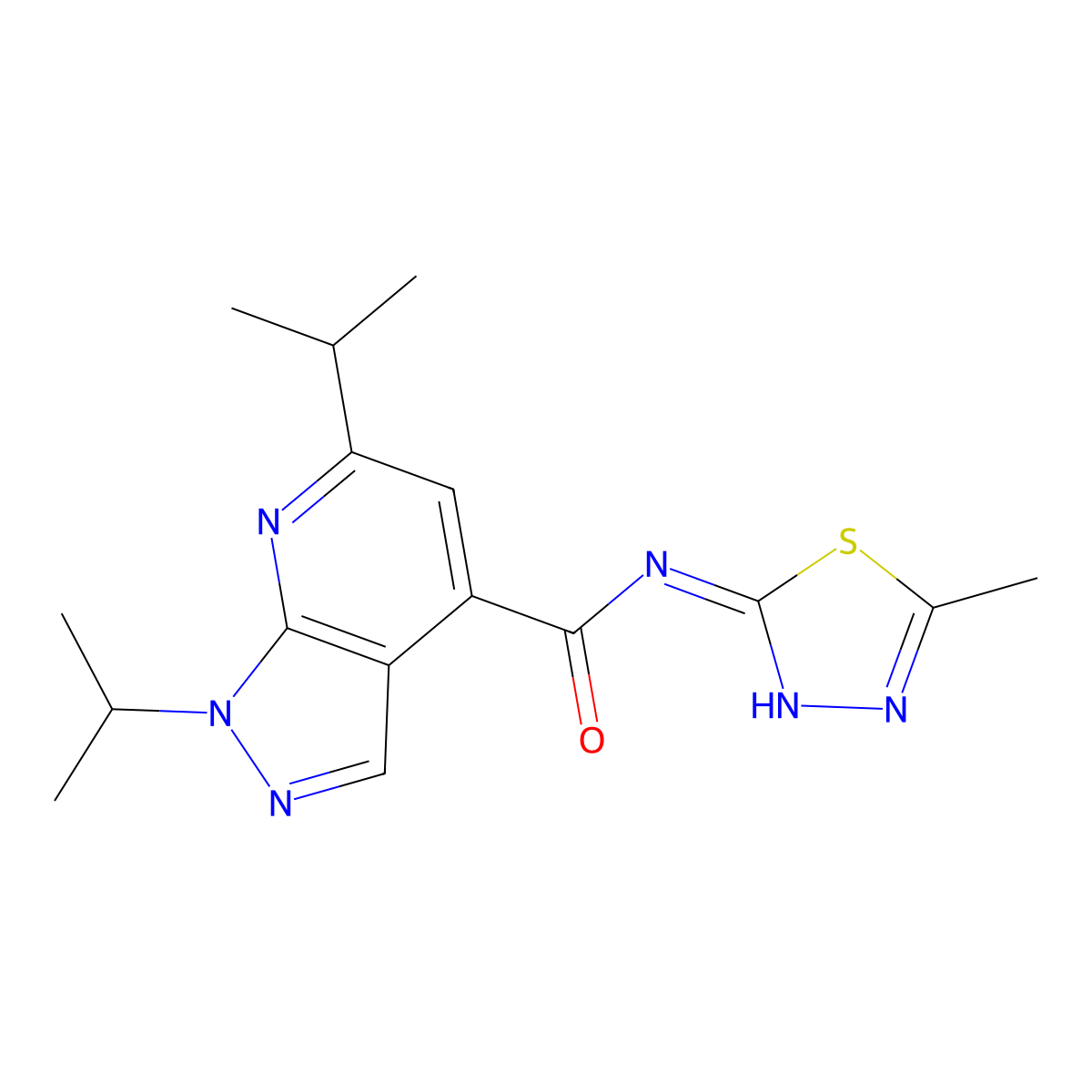 N-[(2E)-5-methyl-1,3,4-thiadiazol-2(3H)-ylidene]-1,6-di(propan-2-yl)-1H-pyrazolo[3,4-b]pyridine-4-carboxamide molecular structure, CAS 1232818-66-4
