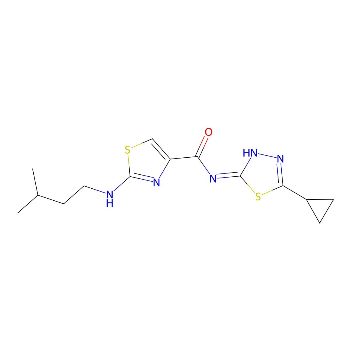 N-[(2E)-5-cyclopropyl-1,3,4-thiadiazol-2(3H)-ylidene]-2-[(3-methylbutyl)amino]-1,3-thiazole-4-carboxamide molecular structure, CAS 1232819-01-0