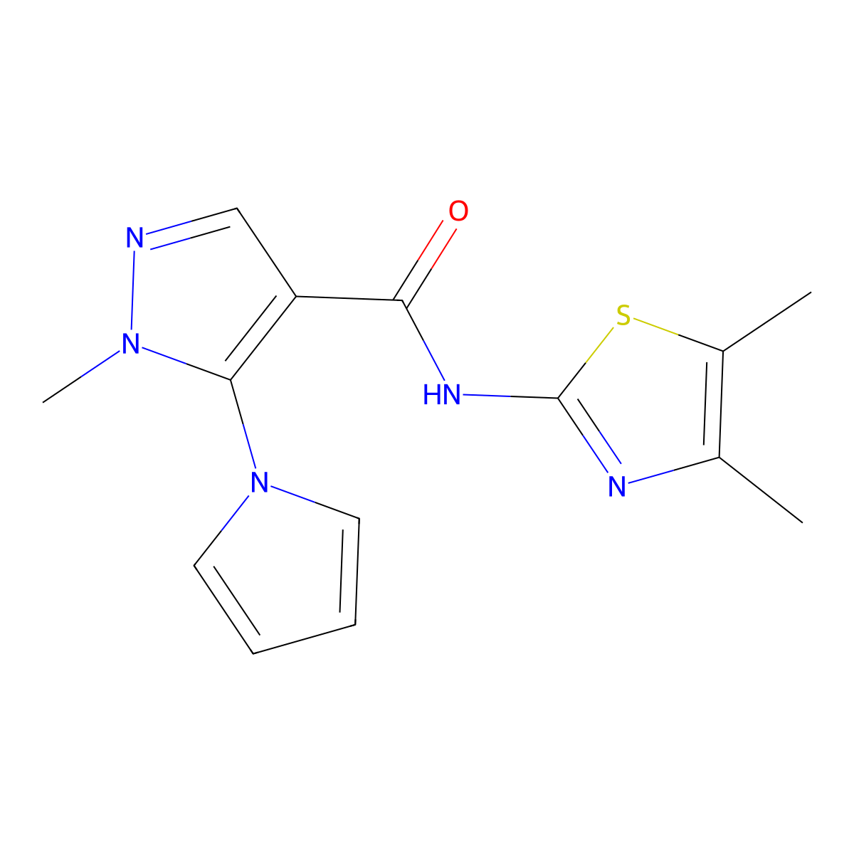 N-[(2E)-4,5-dimethyl-1,3-thiazol-2(3H)-ylidene]-1-methyl-5-(1H-pyrrol-1-yl)-1H-pyrazole-4-carboxamide molecular structure, CAS 1232819-10-1