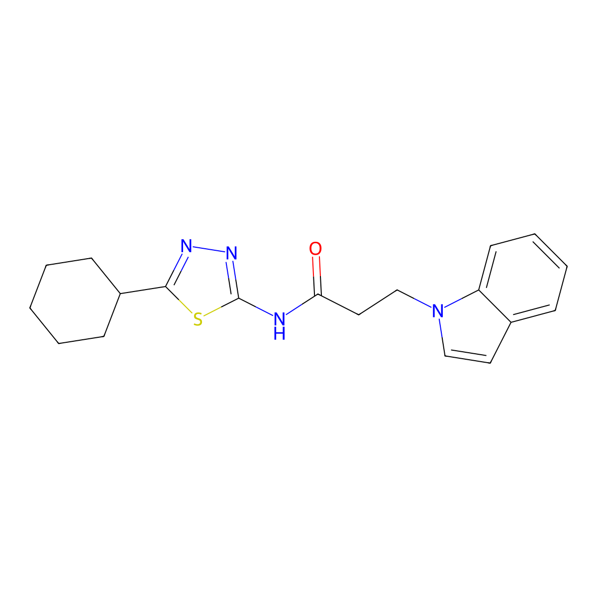 N-(5-cyclohexyl-1,3,4-thiadiazol-2-yl)-3-(1H-indol-1-yl)propanamide molecular structure, CAS 1232819-23-6