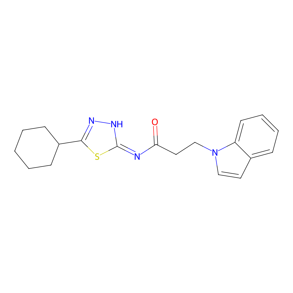 N-(5-cyclohexyl-1,3,4-thiadiazol-2-yl)-3-(1H-indol-1-yl)propanamide molecular structure, CAS 1232819-23-6