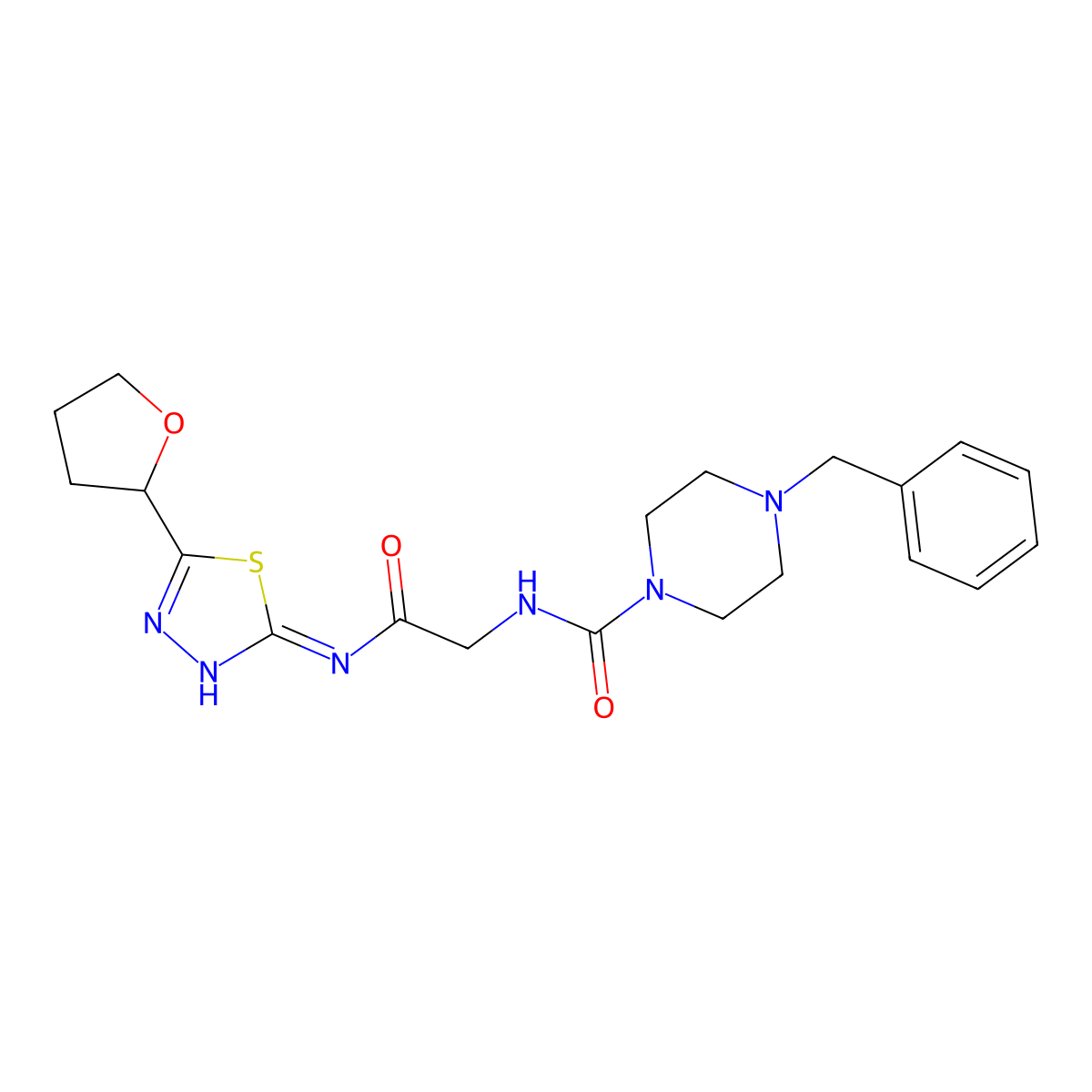 4-benzyl-N-(2-oxo-2-{[(2Z)-5-(tetrahydrofuran-2-yl)-1,3,4-thiadiazol-2(3H)-ylidene]amino}ethyl)piperazine-1-carboxamide molecular structure, CAS 1232820-63-1
