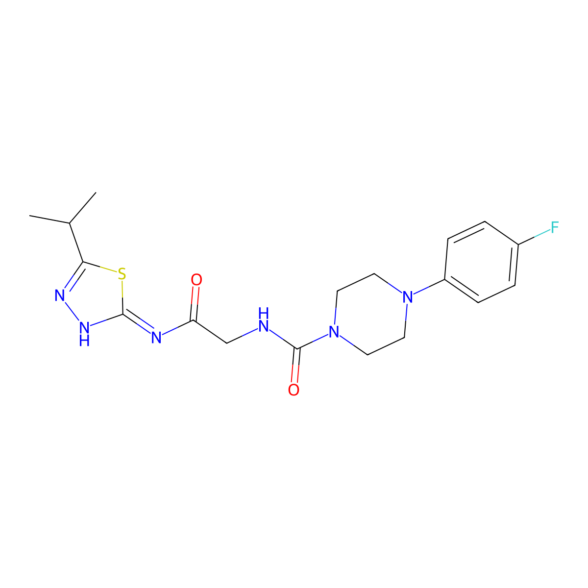 4-(4-fluorophenyl)-N-(2-oxo-2-{[(2Z)-5-(propan-2-yl)-1,3,4-thiadiazol-2(3H)-ylidene]amino}ethyl)piperazine-1-carboxamide molecular structure, CAS 1232820-90-4