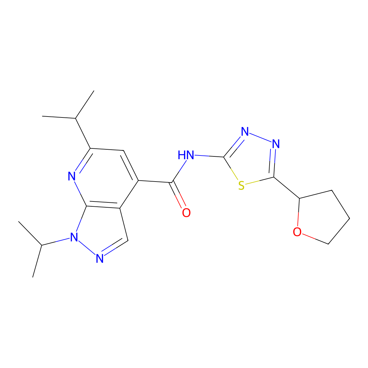 1,6-di(propan-2-yl)-N-[(2E)-5-(tetrahydrofuran-2-yl)-1,3,4-thiadiazol-2(3H)-ylidene]-1H-pyrazolo[3,4-b]pyridine-4-carboxamide molecular structure, CAS 1232822-05-7