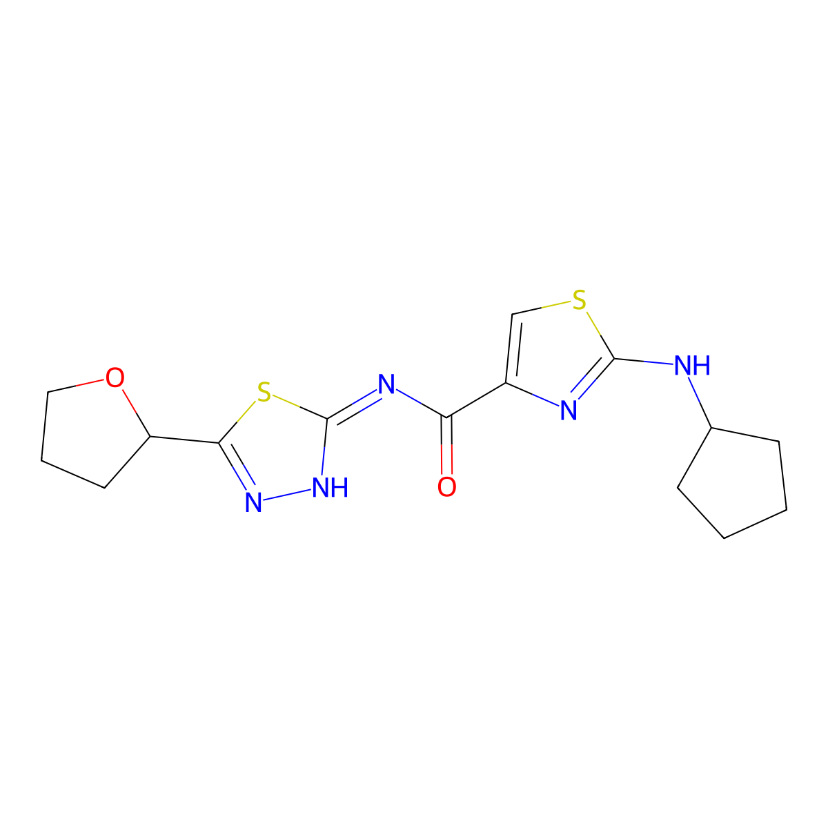 2-(cyclopentylamino)-N-[(2E)-5-(tetrahydrofuran-2-yl)-1,3,4-thiadiazol-2(3H)-ylidene]-1,3-thiazole-4-carboxamide molecular structure, CAS 1232822-20-6