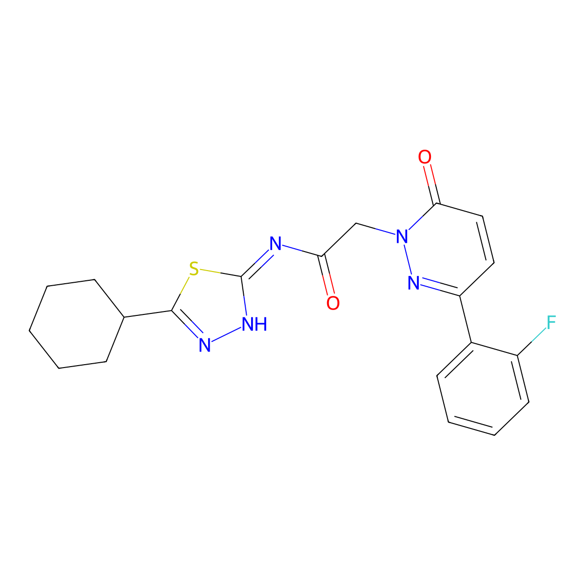 N-[(2E)-5-cyclohexyl-1,3,4-thiadiazol-2(3H)-ylidene]-2-[3-(2-fluorophenyl)-6-oxopyridazin-1(6H)-yl]acetamide molecular structure, CAS 1232822-50-2