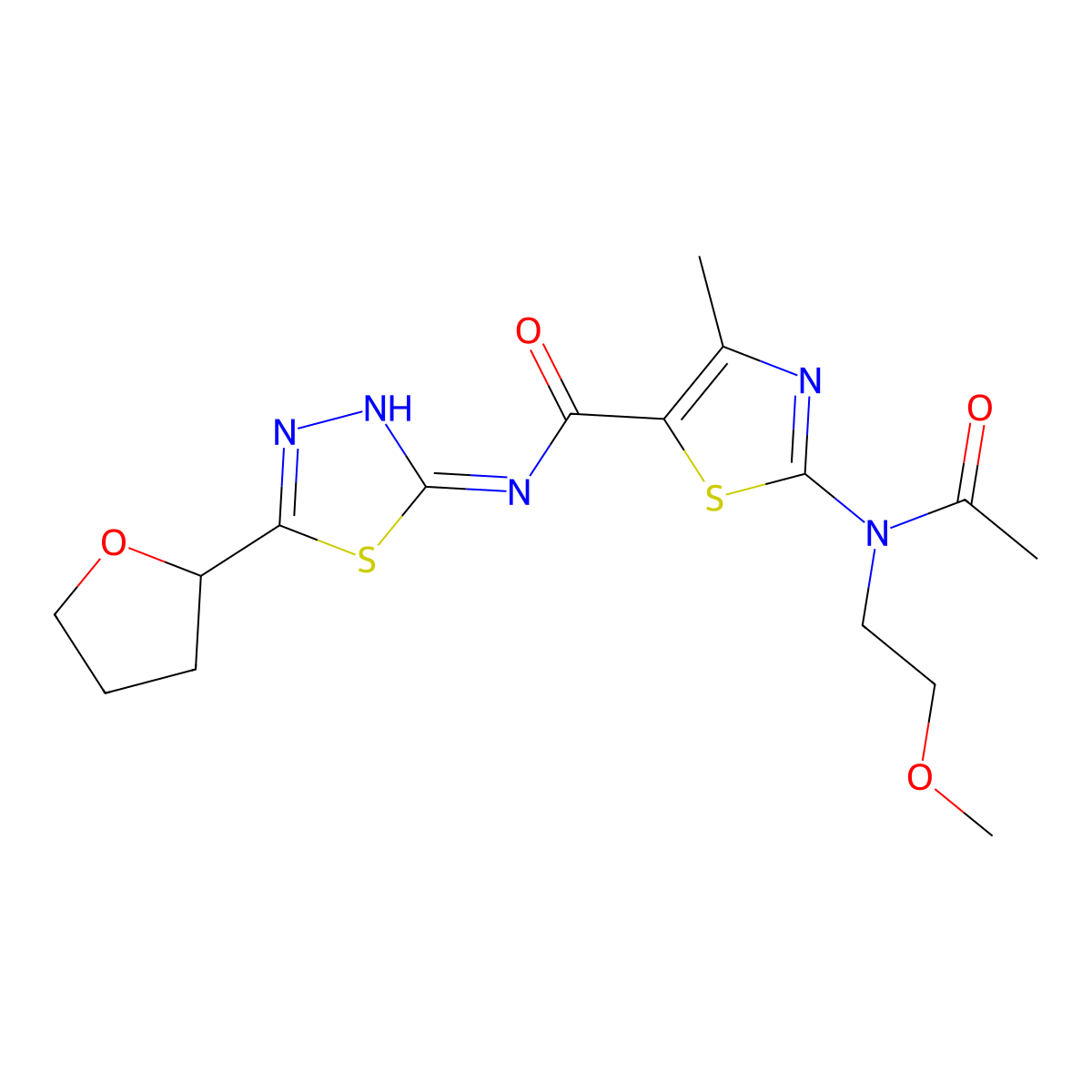 2-[acetyl(2-methoxyethyl)amino]-4-methyl-N-[(2E)-5-(tetrahydrofuran-2-yl)-1,3,4-thiadiazol-2(3H)-ylidene]-1,3-thiazole-5-carboxamide molecular structure, CAS 1232823-36-7