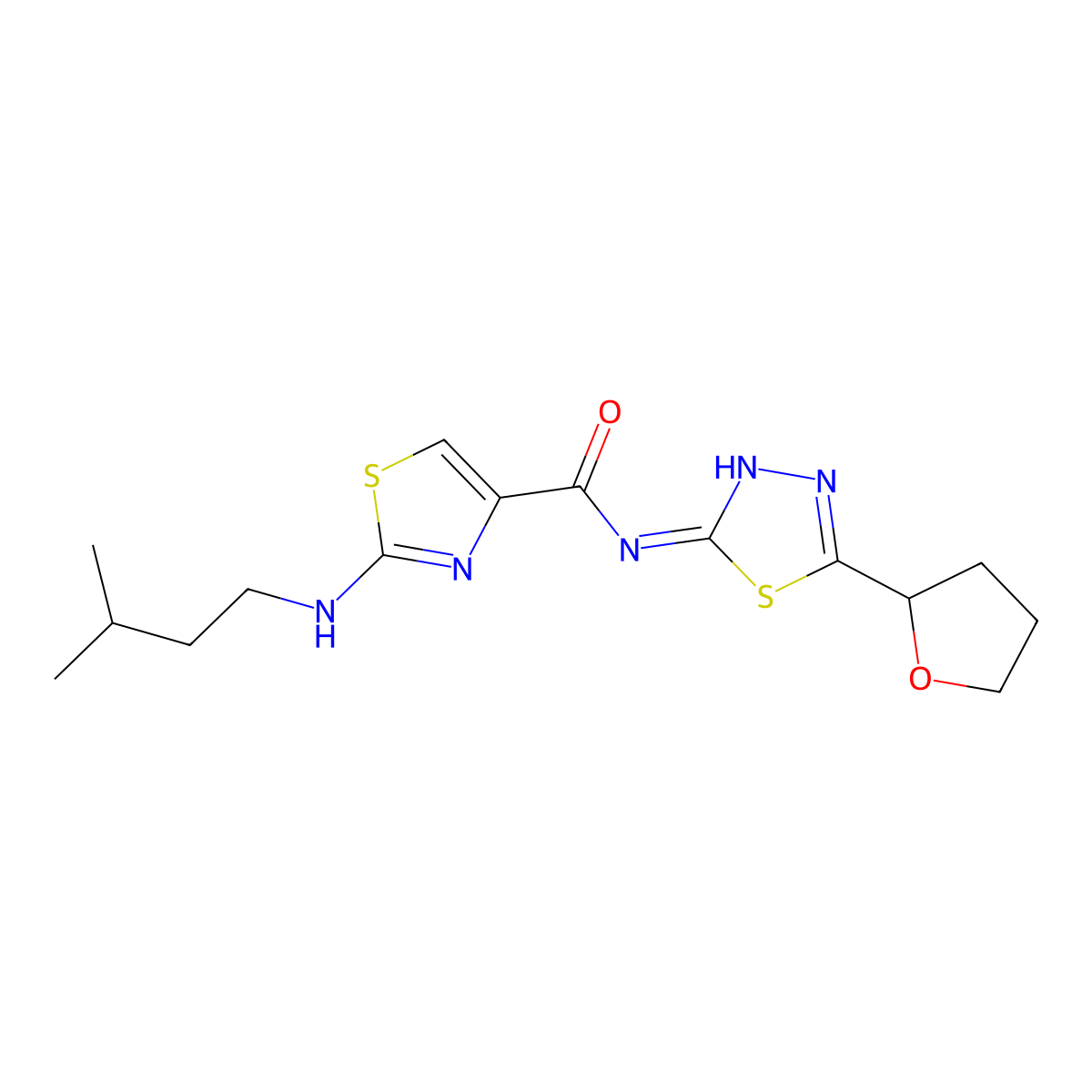 2-[(3-methylbutyl)amino]-N-[(2E)-5-(tetrahydrofuran-2-yl)-1,3,4-thiadiazol-2(3H)-ylidene]-1,3-thiazole-4-carboxamide molecular structure, CAS 1232824-42-8