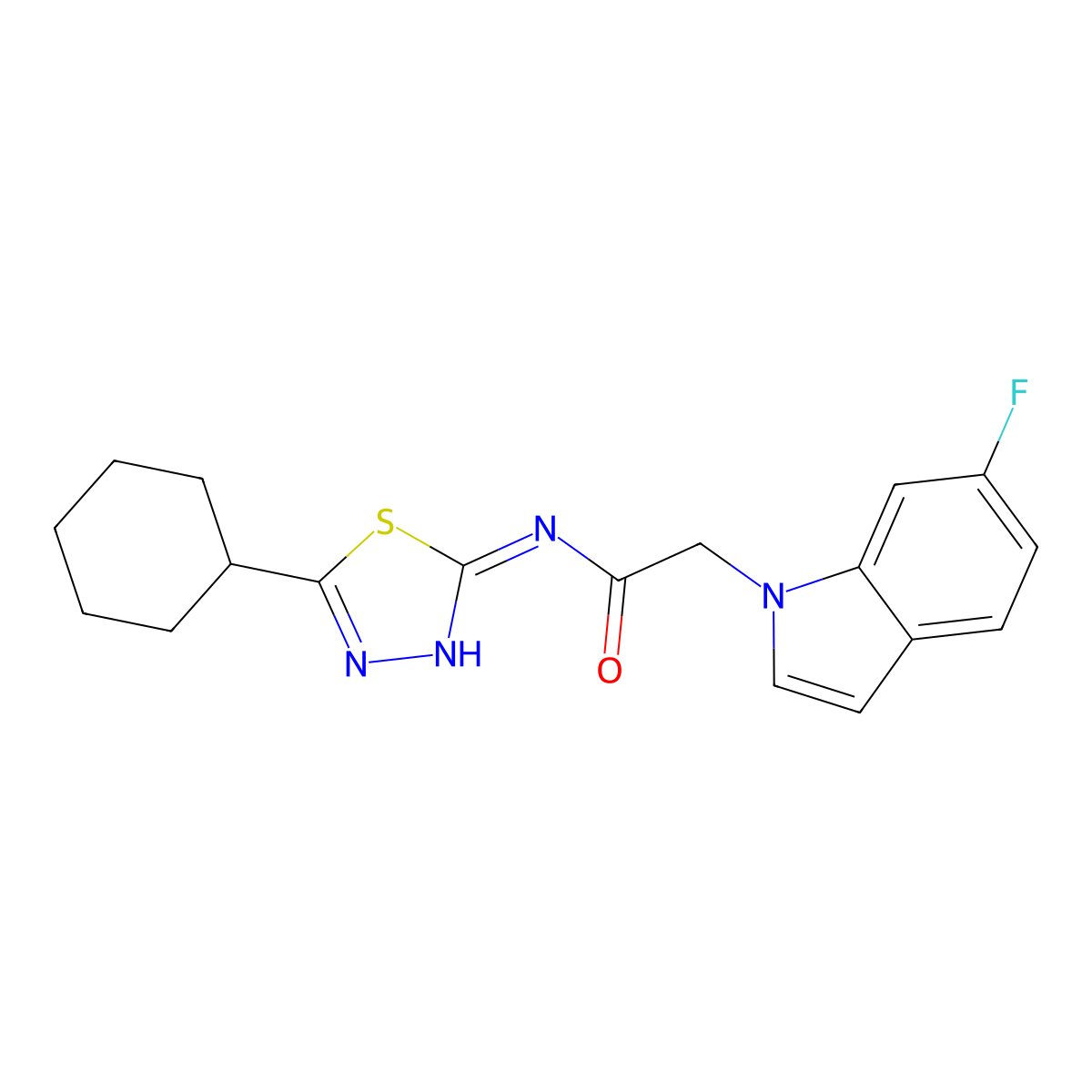 N-(5-cyclohexyl-1,3,4-thiadiazol-2-yl)-2-(6-fluoro-1H-indol-1-yl)acetamide molecular structure, CAS 1232824-64-4