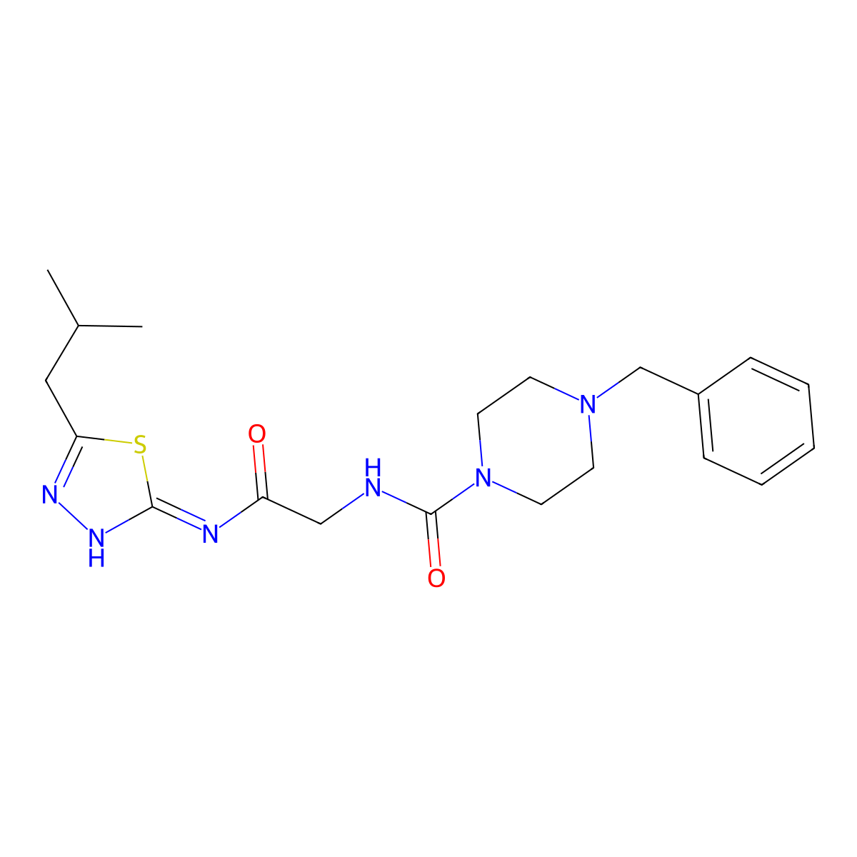 4-benzyl-N-(2-{[(2Z)-5-(2-methylpropyl)-1,3,4-thiadiazol-2(3H)-ylidene]amino}-2-oxoethyl)piperazine-1-carboxamide molecular structure, CAS 1232824-99-5