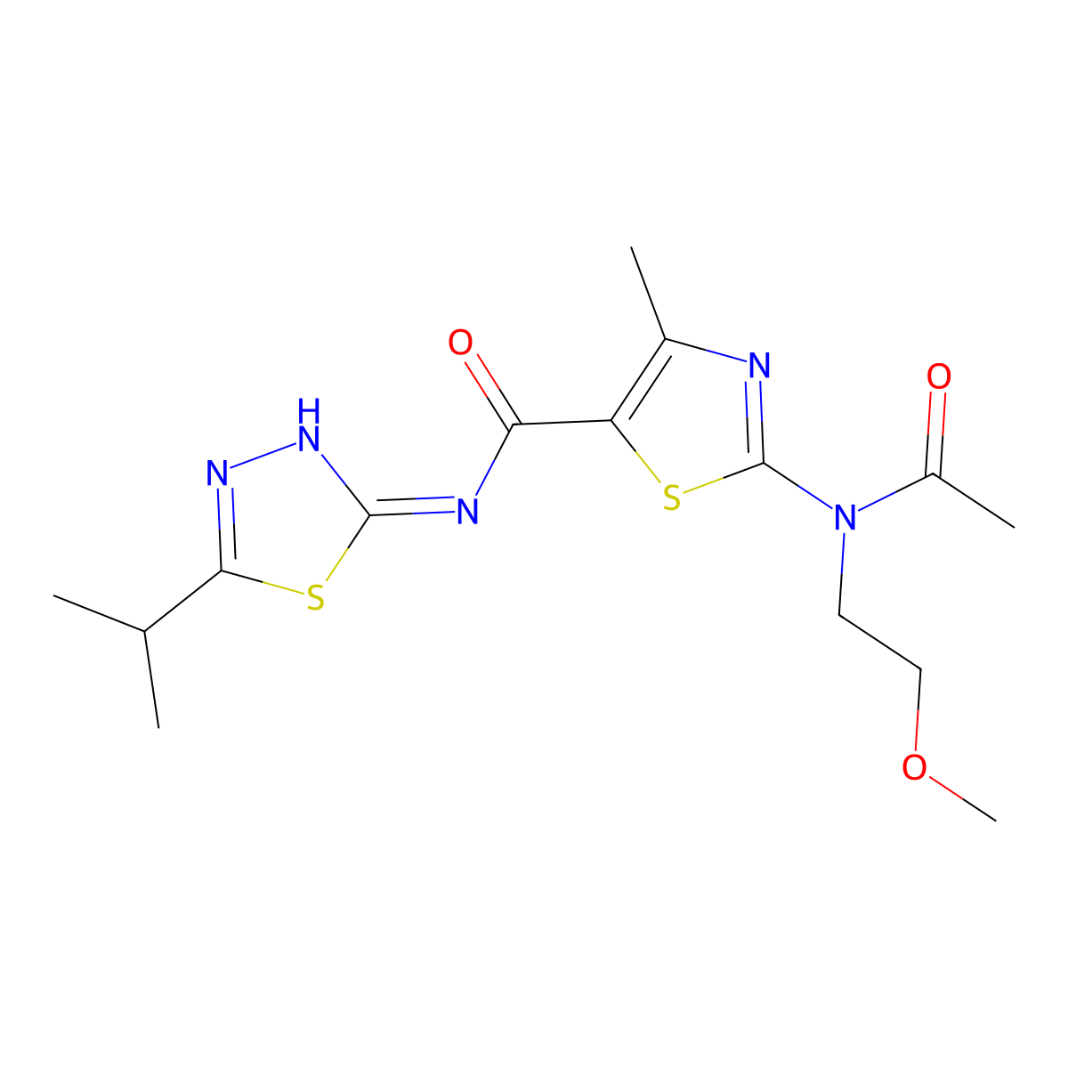 2-[acetyl(2-methoxyethyl)amino]-4-methyl-N-[(2E)-5-(propan-2-yl)-1,3,4-thiadiazol-2(3H)-ylidene]-1,3-thiazole-5-carboxamide molecular structure, CAS 1232825-83-0