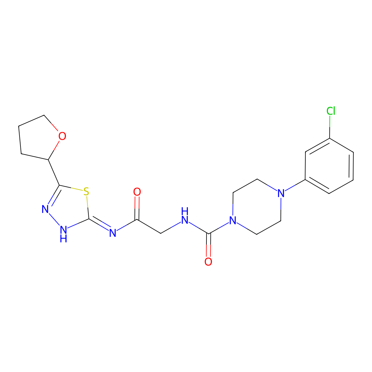 4-(3-chlorophenyl)-N-(2-oxo-2-{[(2Z)-5-(tetrahydrofuran-2-yl)-1,3,4-thiadiazol-2(3H)-ylidene]amino}ethyl)piperazine-1-carboxamide molecular structure, CAS 1232826-15-1