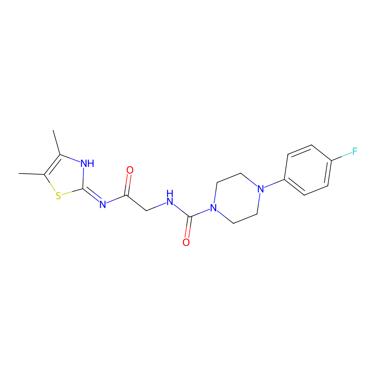 N-(2-{[(2E)-4,5-dimethyl-1,3-thiazol-2(3H)-ylidene]amino}-2-oxoethyl)-4-(4-fluorophenyl)piperazine-1-carboxamide molecular structure, CAS 1232826-23-1