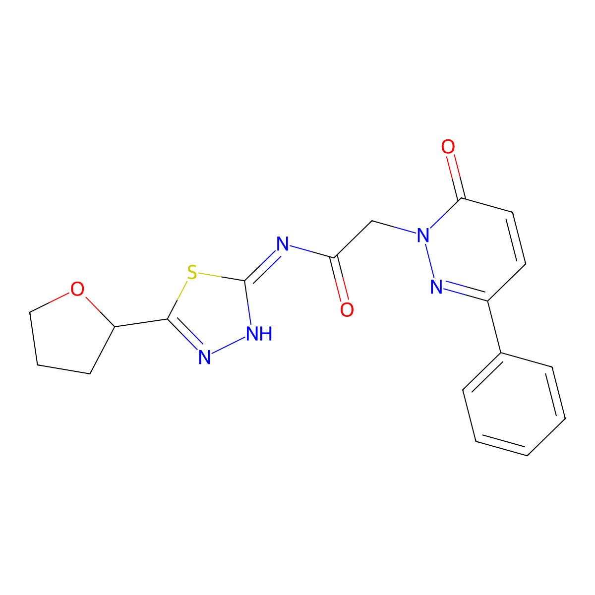2-(6-oxo-3-phenylpyridazin-1(6H)-yl)-N-[(2E)-5-(tetrahydrofuran-2-yl)-1,3,4-thiadiazol-2(3H)-ylidene]acetamide molecular structure, CAS 1232826-48-0