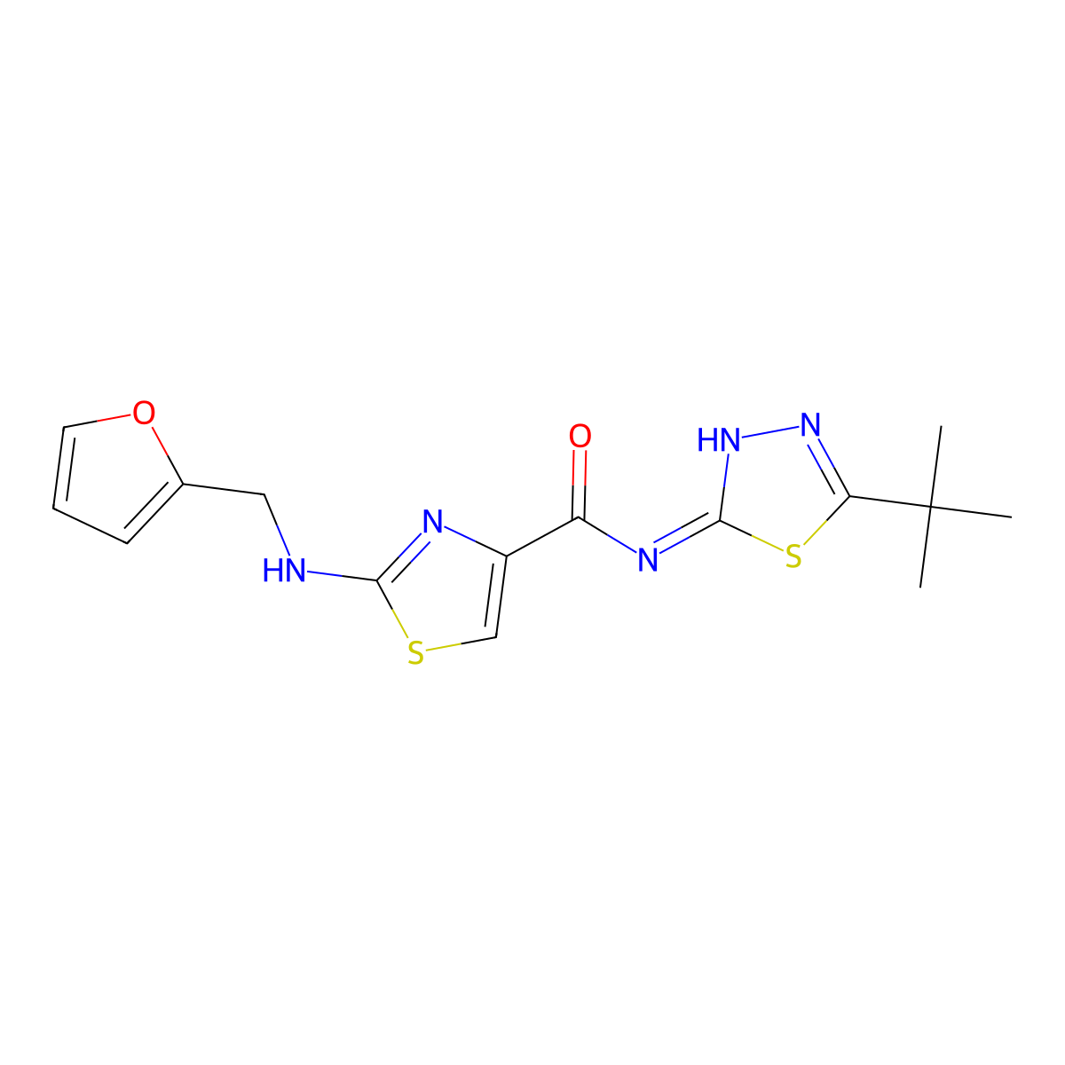 N-[(2E)-5-tert-butyl-1,3,4-thiadiazol-2(3H)-ylidene]-2-[(furan-2-ylmethyl)amino]-1,3-thiazole-4-carboxamide molecular structure, CAS 1232826-57-1