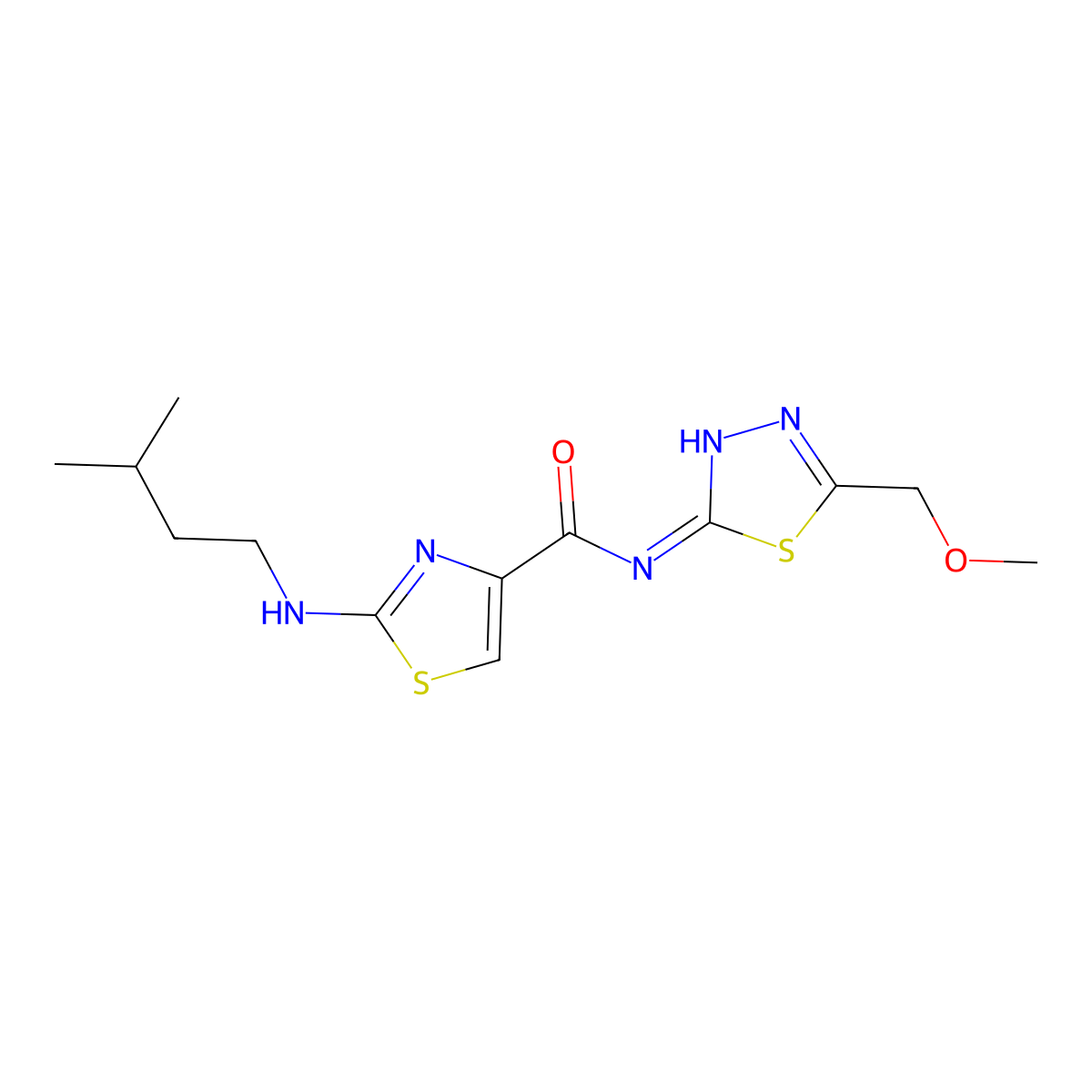 N-[(2E)-5-(methoxymethyl)-1,3,4-thiadiazol-2(3H)-ylidene]-2-[(3-methylbutyl)amino]-1,3-thiazole-4-carboxamide molecular structure, CAS 1232827-36-9