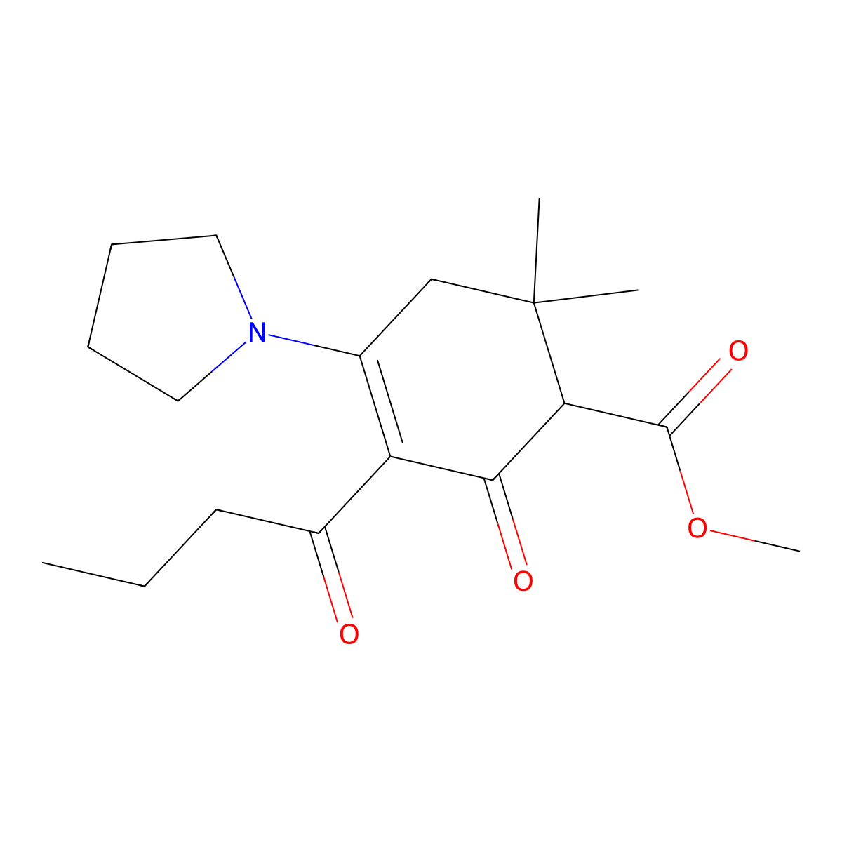 Methyl 3-butanoyl-6,6-dimethyl-2-oxo-4-pyrrolidin-1-ylcyclohex-3-ene-1-carboxylate molecular structure, CAS 123299-38-7