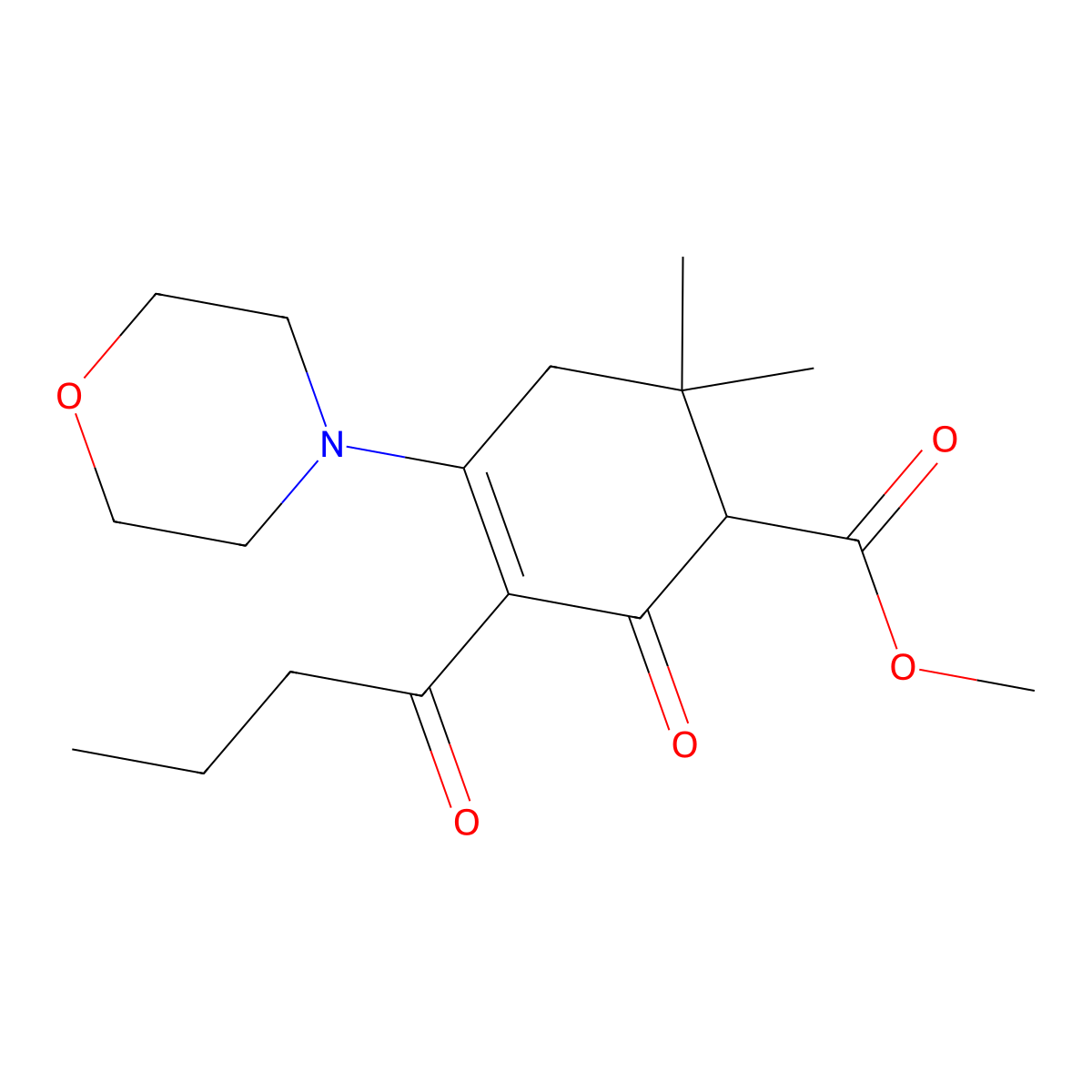 Methyl 3-butanoyl-6,6-dimethyl-4-morpholin-4-yl-2-oxocyclohex-3-ene-1-carboxylate molecular structure, CAS 123299-39-8