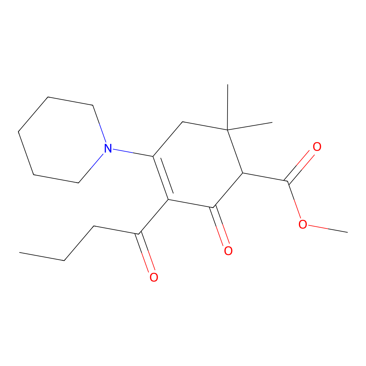 Methyl 3-butyryl-6,6-dimethyl-2-oxo-4-(piperidin-1-yl)cyclohex-3-enecarboxylate molecular structure, CAS 123299-40-1