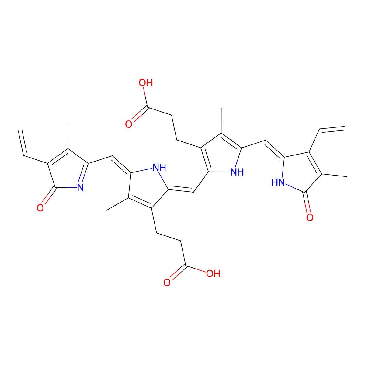 3-(2-((3-(2-carboxyethyl)-5-((3-ethenyl-4-methyl-5-oxopyrrol-2-ylidene)methyl)-4-methyl-1H-pyrrol-2-yl)methylidene)-5-((4-ethenyl-3-methyl-5-oxopyrrol-2-yl)methylidene)-4-methylpyrrol-3-yl)propanoic acid molecular structure, CAS 123316-14-3