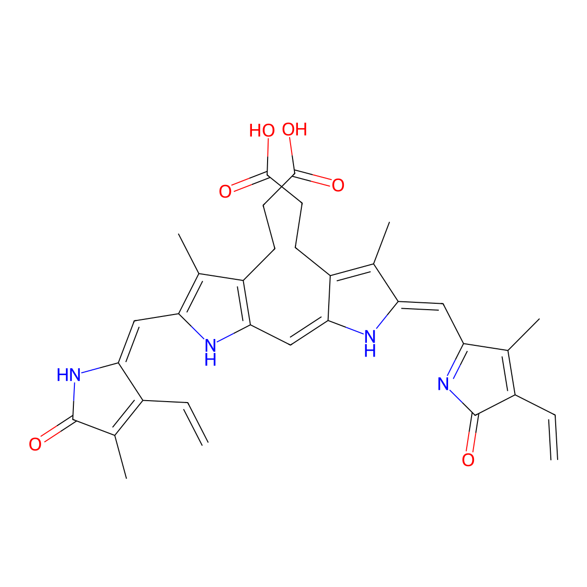 3-(2-((3-(2-carboxyethyl)-5-((3-ethenyl-4-methyl-5-oxopyrrol-2-ylidene)methyl)-4-methyl-1H-pyrrol-2-yl)methylidene)-5-((4-ethenyl-3-methyl-5-oxopyrrol-2-yl)methylidene)-4-methylpyrrol-3-yl)propanoic acid molecular structure, CAS 123316-14-3