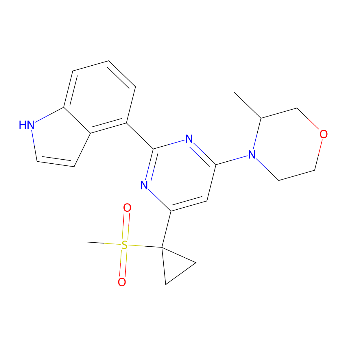 (3R)-4-(2-(1H-indol-4-yl)-6-(1-methylsulfonylcyclopropyl)pyrimidin-4-yl)-3-methylmorpholine molecular structure, CAS 1233339-22-4