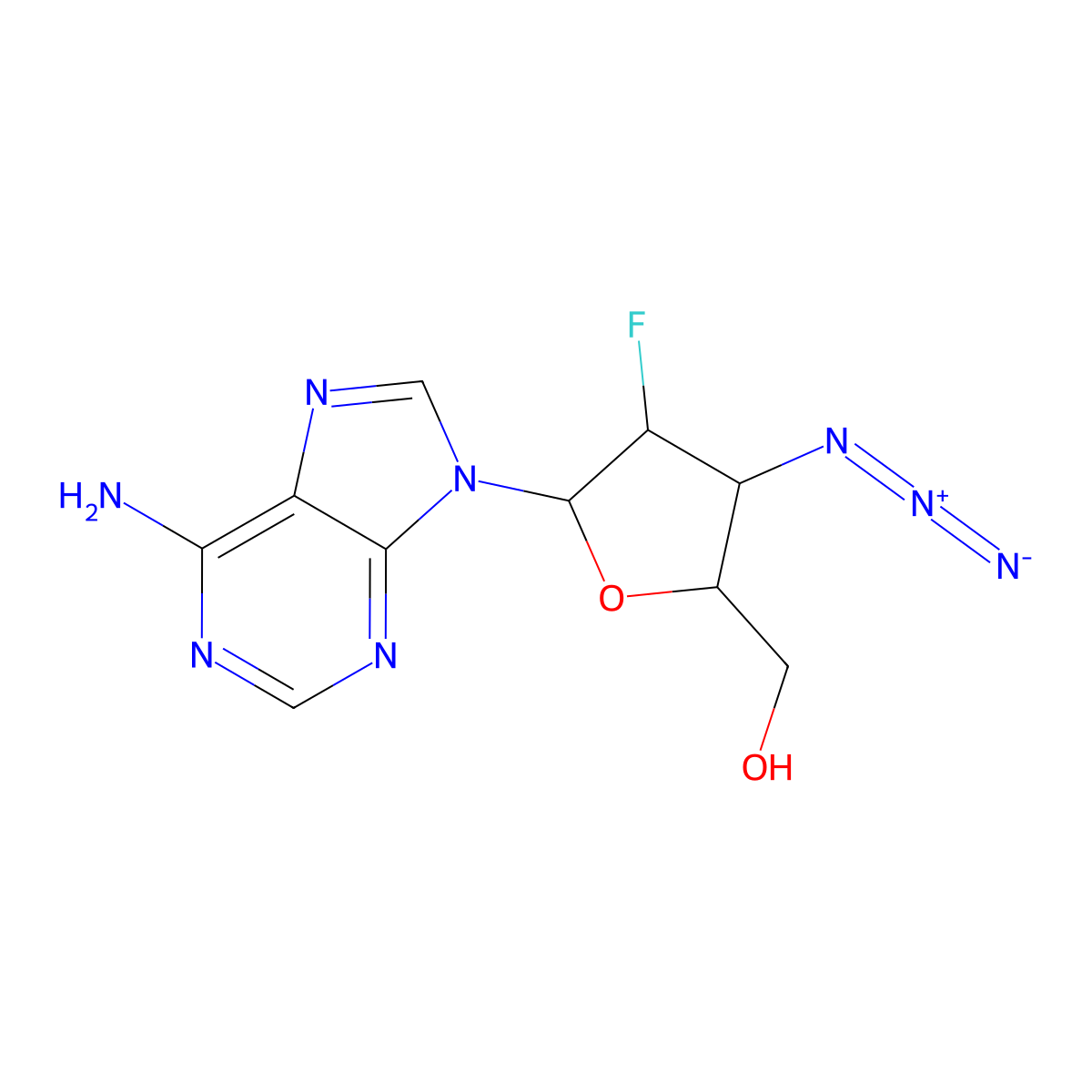 (5-(6-amino-9H-purin-9-yl)-3-azido-4-fluorotetrahydrofuran-2-yl)methanol molecular structure, CAS 123334-79-2