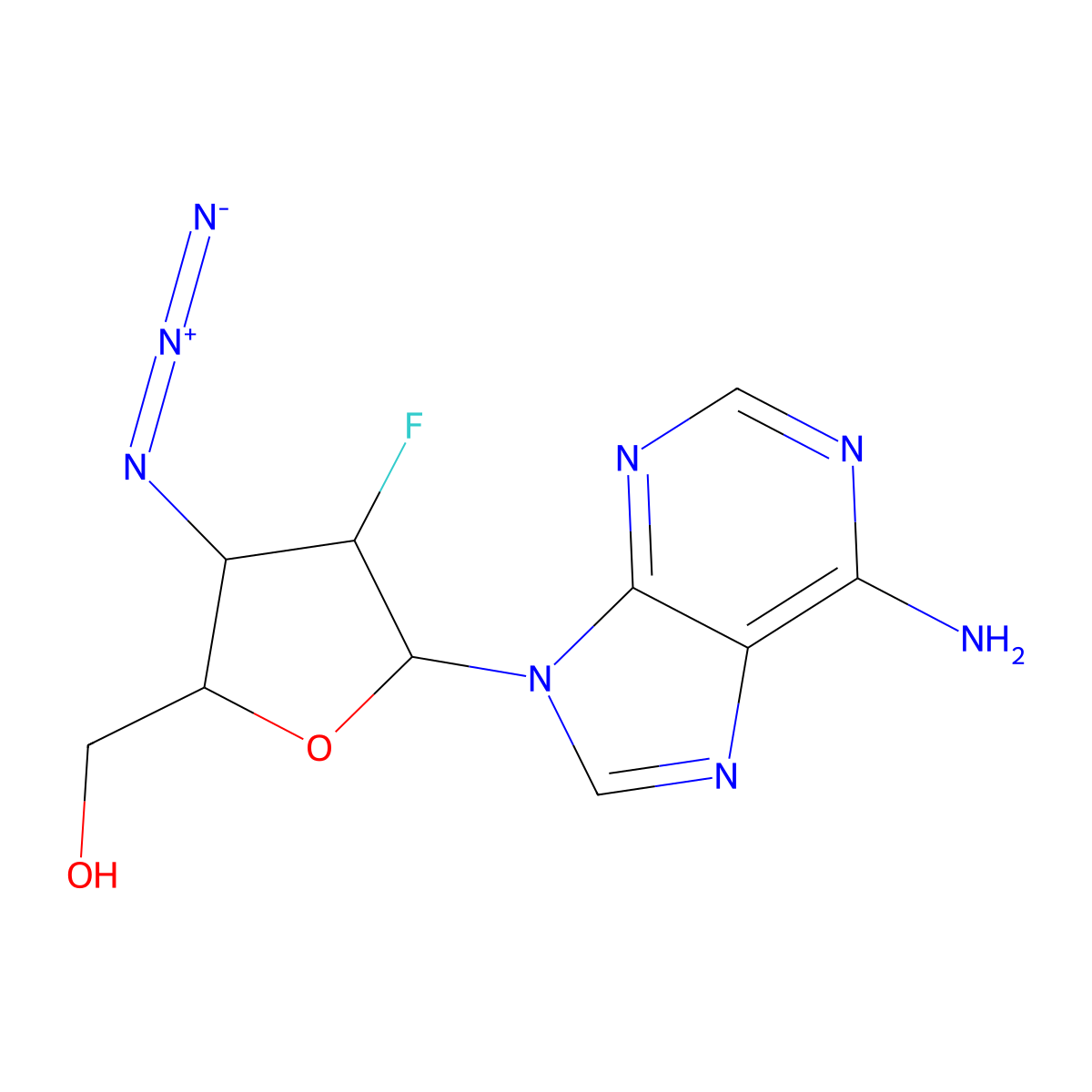 (5-(6-amino-9H-purin-9-yl)-3-azido-4-fluorotetrahydrofuran-2-yl)methanol molecular structure, CAS 123334-79-2