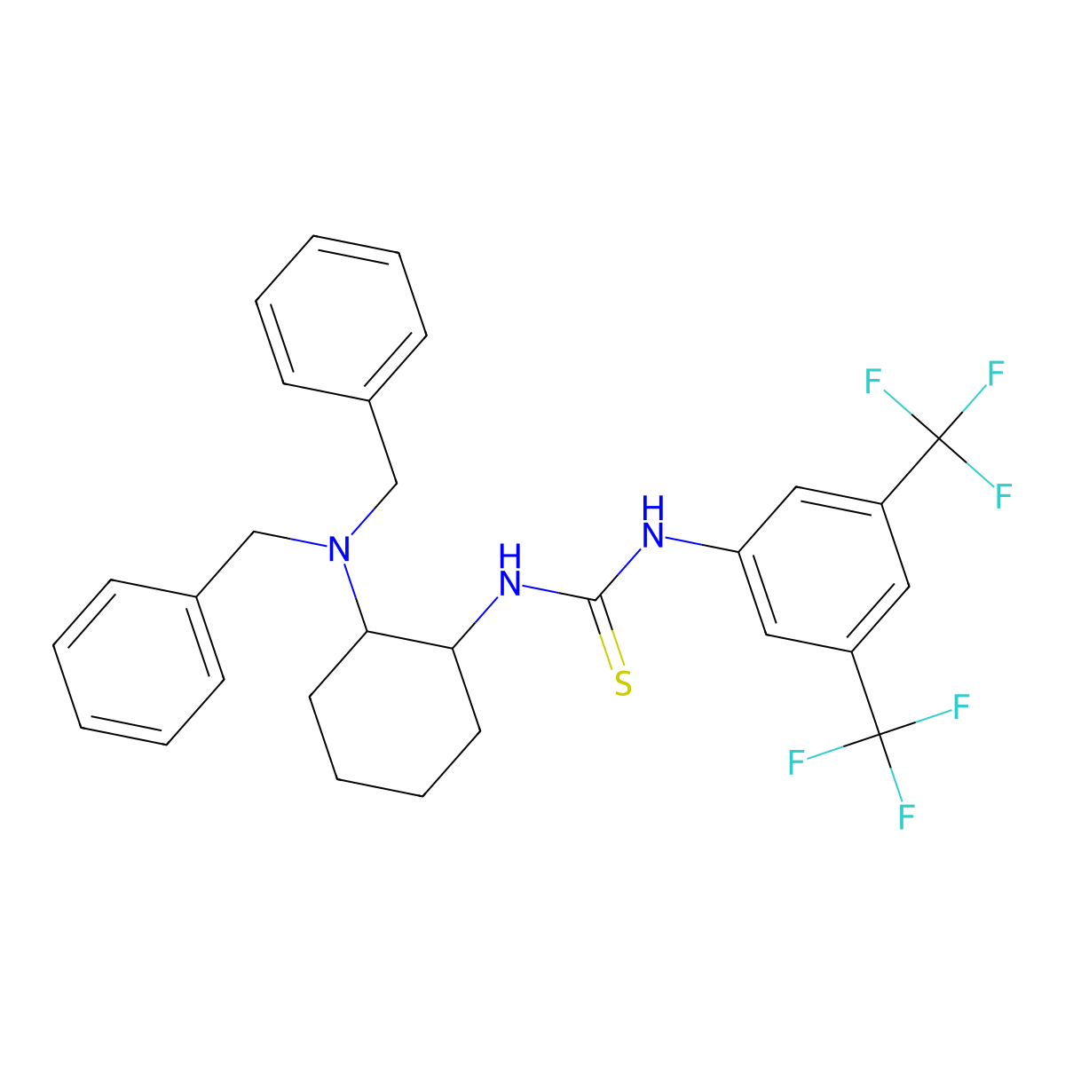 Thiourea, N-[(1S,2S)-2-[bis(phenylmethyl)amino]cyclohexyl]-N'-[3,5-bis(trifluoromethyl)phenyl]- molecular structure, CAS 1233369-39-5