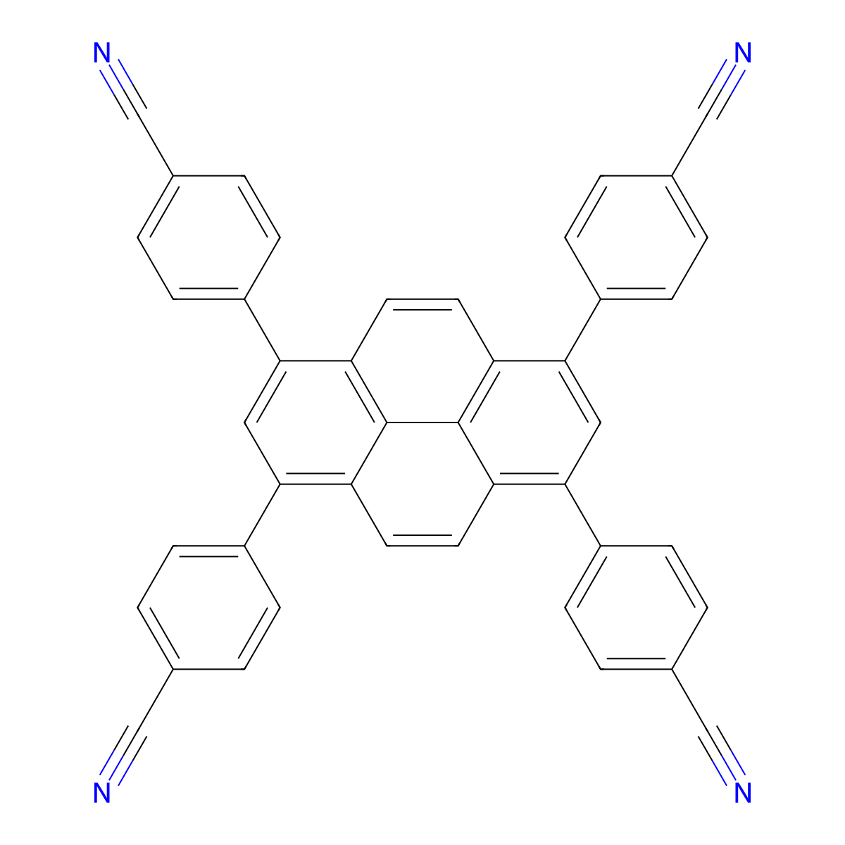 4,4',4'',4'''-(Pyrene-1,3,6,8-tetrayl)tetrabenzonitrile molecular structure, CAS 1233393-50-4