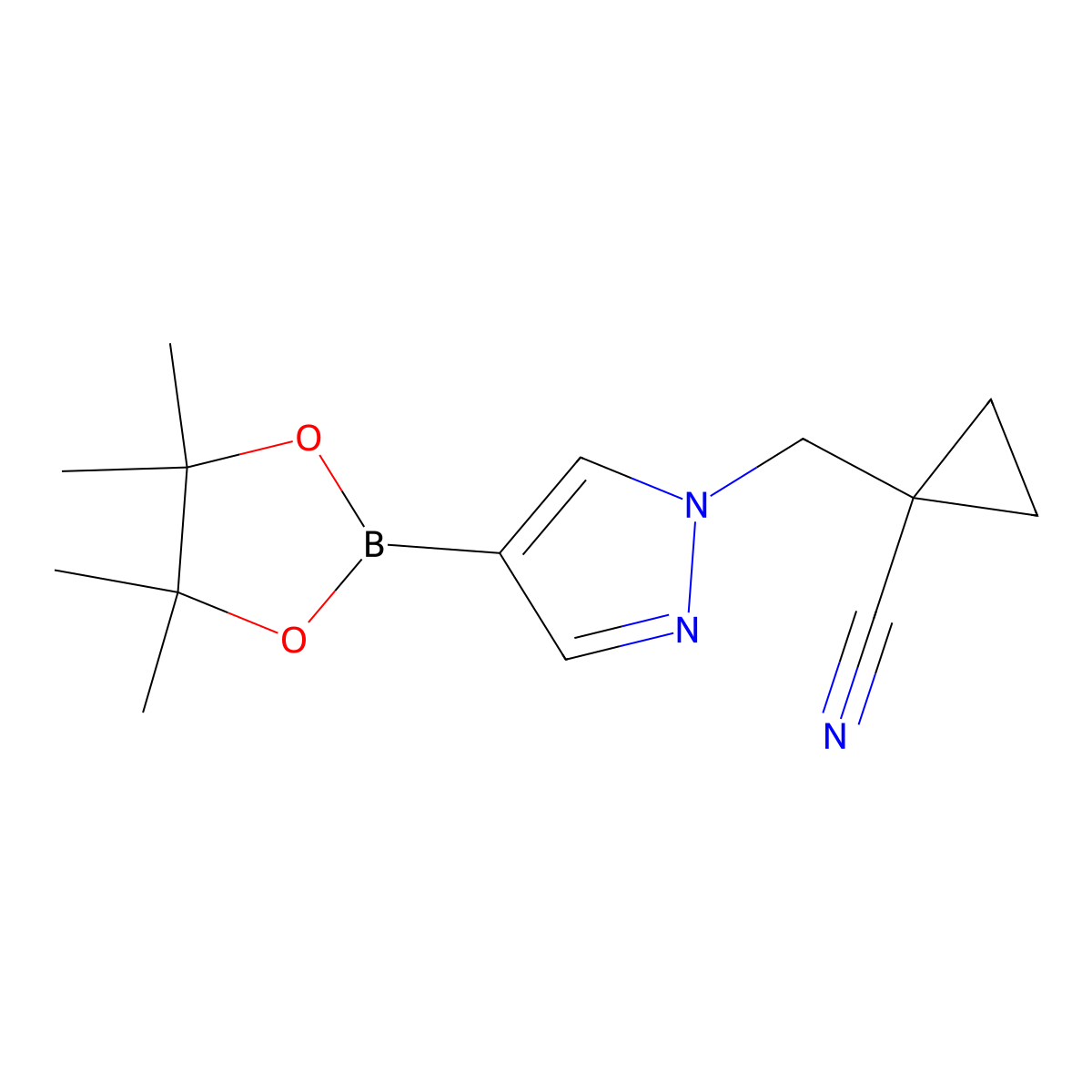 1-{[4-(tetramethyl-1,3,2-dioxaborolan-2-yl)-1H-pyrazol-1-yl]methyl}cyclopropane-1-carbonitrile molecular structure, CAS 1233526-27-6