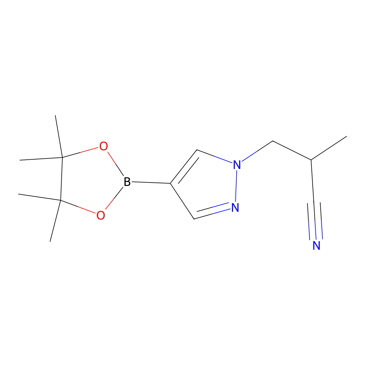 2-Methyl-3-(4-(4,4,5,5-tetramethyl-1,3,2-dioxaborolan-2-yl)-1H-pyrazol-1-yl)propanenitrile molecular structure, CAS 1233526-40-3