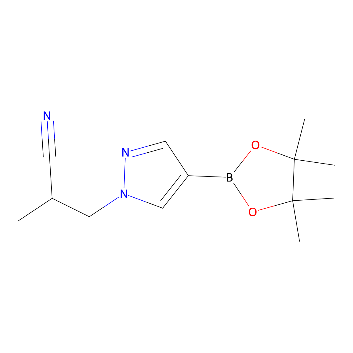 2-Methyl-3-(4-(4,4,5,5-tetramethyl-1,3,2-dioxaborolan-2-yl)-1H-pyrazol-1-yl)propanenitrile molecular structure, CAS 1233526-40-3