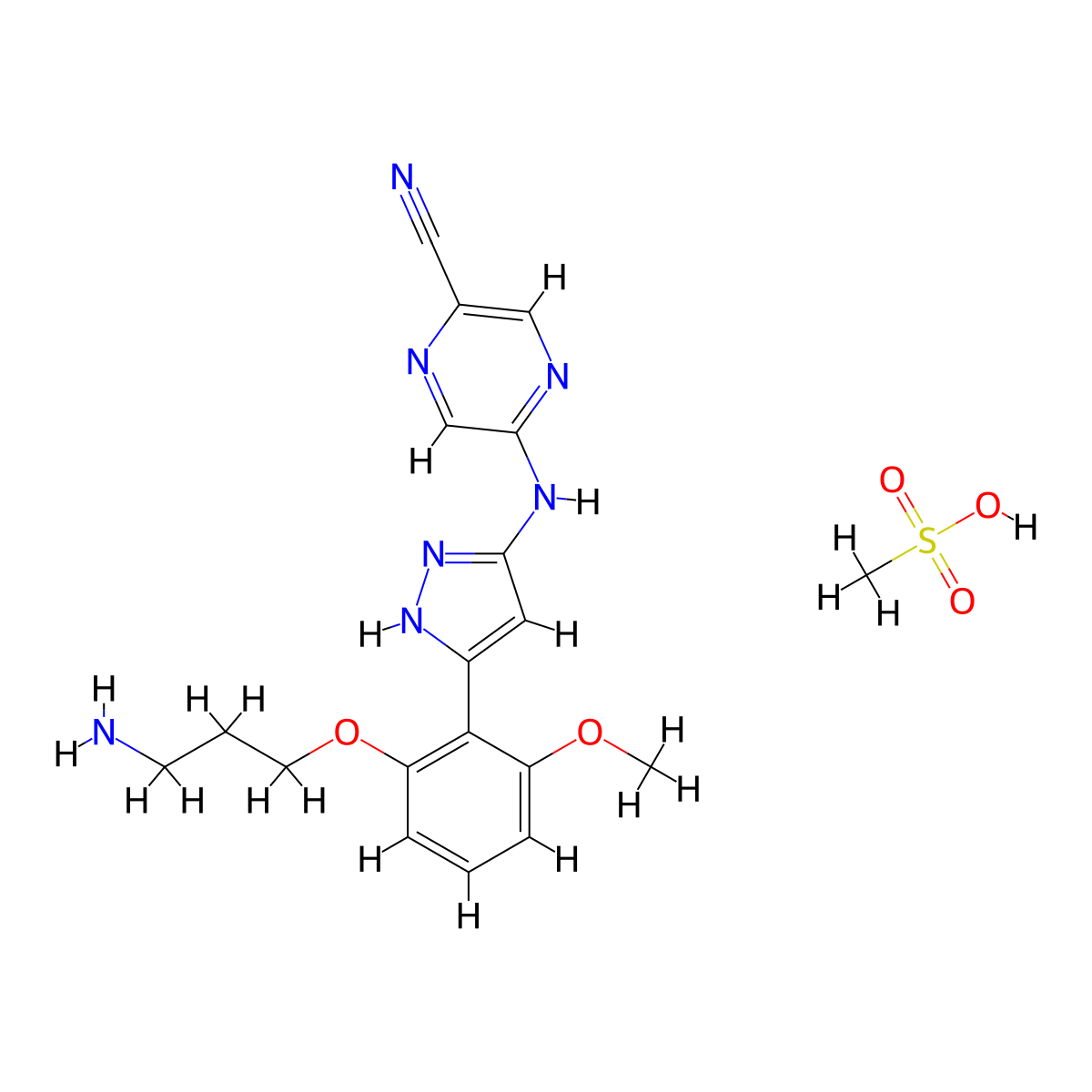 Prexasertib mesylate anhydrous molecular structure, CAS 1234015-55-4