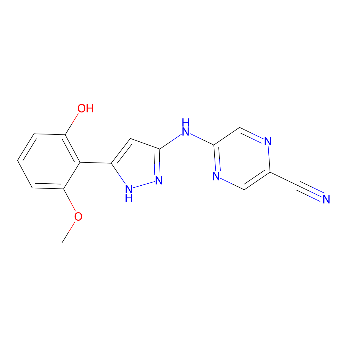 5-((5-(2-Hydroxy-6-methoxyphenyl)-1H-pyrazol-3-yl)amino)pyrazine-2-carbonitrile molecular structure, CAS 1234015-69-0