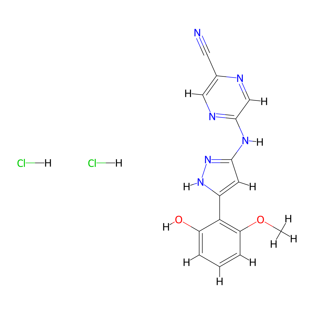5-((5-(2-hydroxy-6-methoxyphenyl)-1H-pyrazol-3-yl)amino)pyrazine-2-carbonitrile dihydrochloride molecular structure, CAS 1234015-70-3