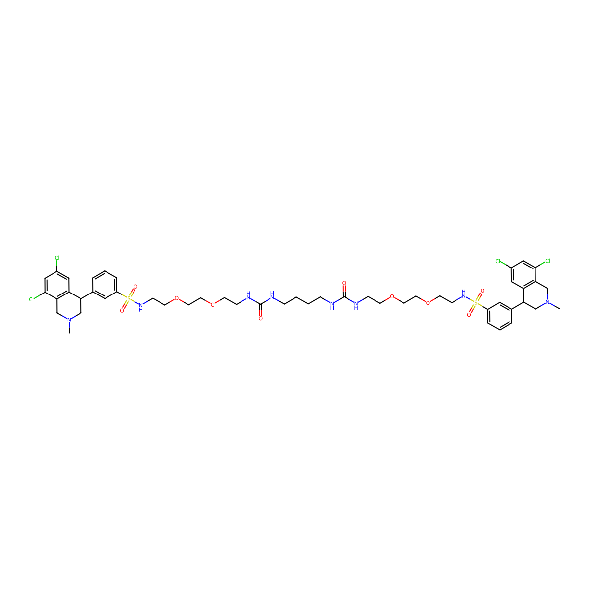 N,N'-(10,17-dioxo-3,6,21,24-tetraoxa-9,11,16,18-tetraazahexacosane-1,26-diyl)bis(3-(6,8-dichloro-2-methyl-1,2,3,4-tetrahydroisoquinolin-4-yl)benzenesulfonamide) molecular structure, CAS 1234366-64-3